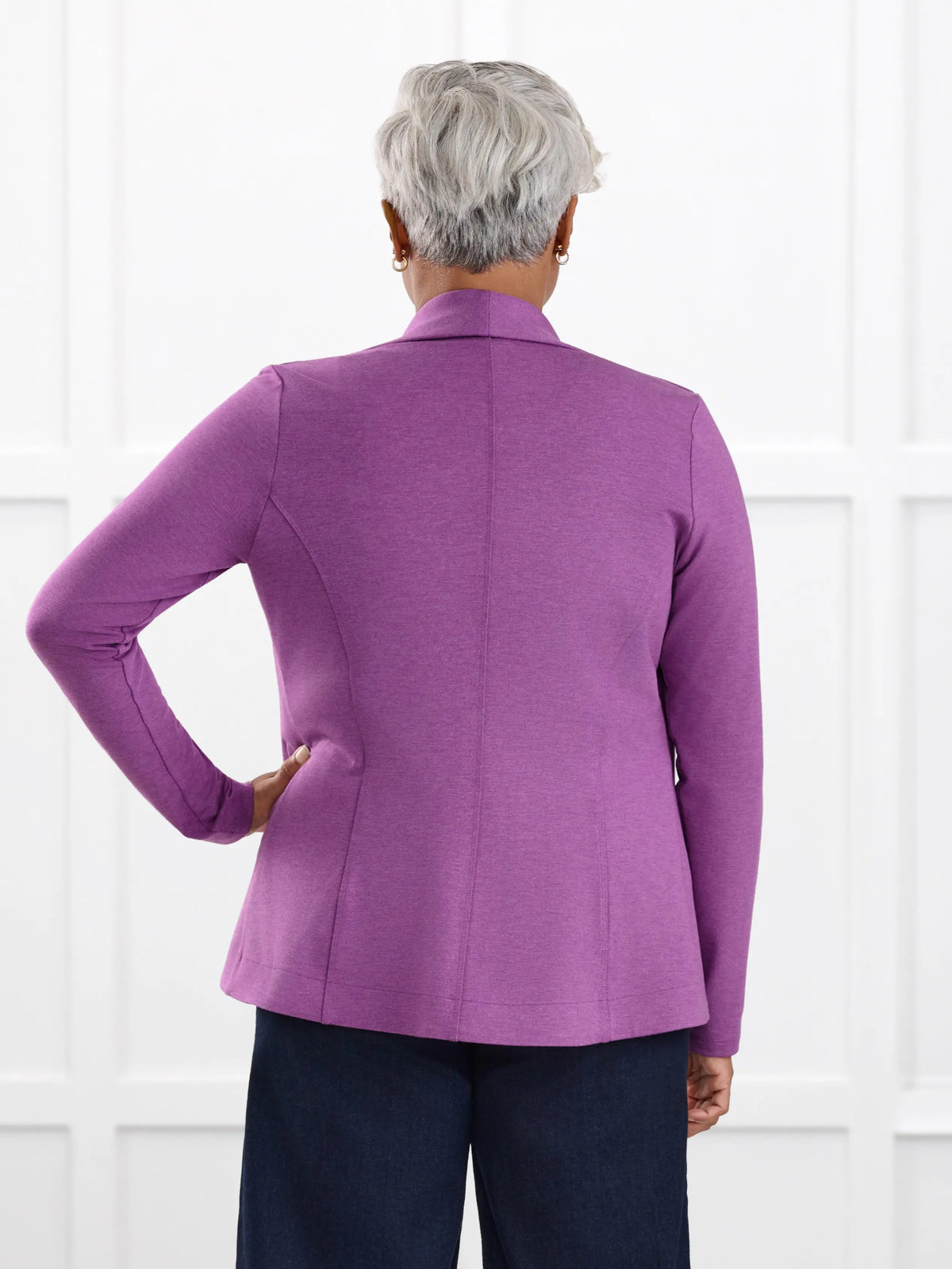 Emily soft stretchy blazer for women in Lupin melange on model Keethai, size M Regular @Keethai-M-regular 