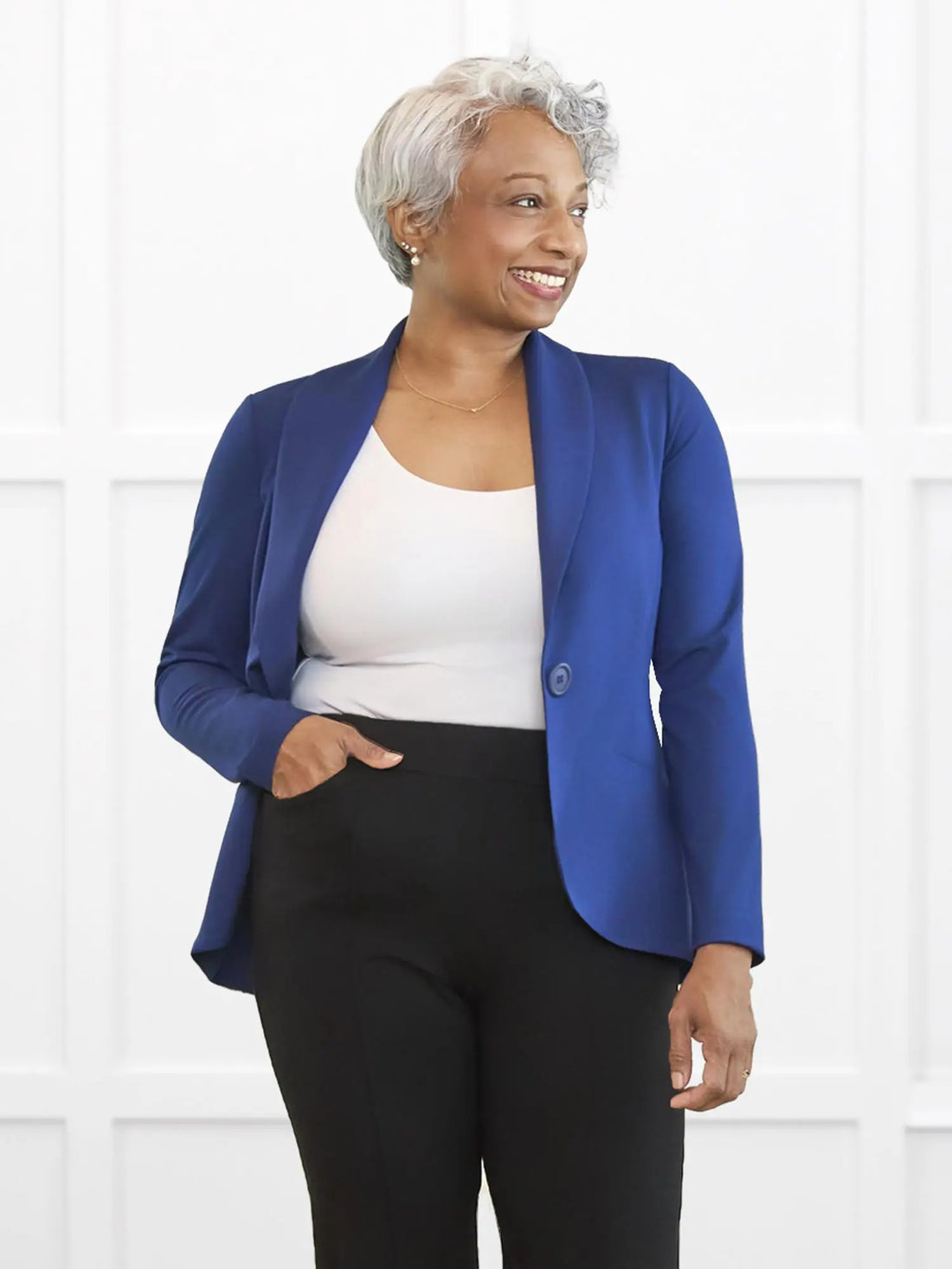 Emily soft stretchy blazer for women in Marine blue on model Keethai, size M Regular @Keethai-M-regular 