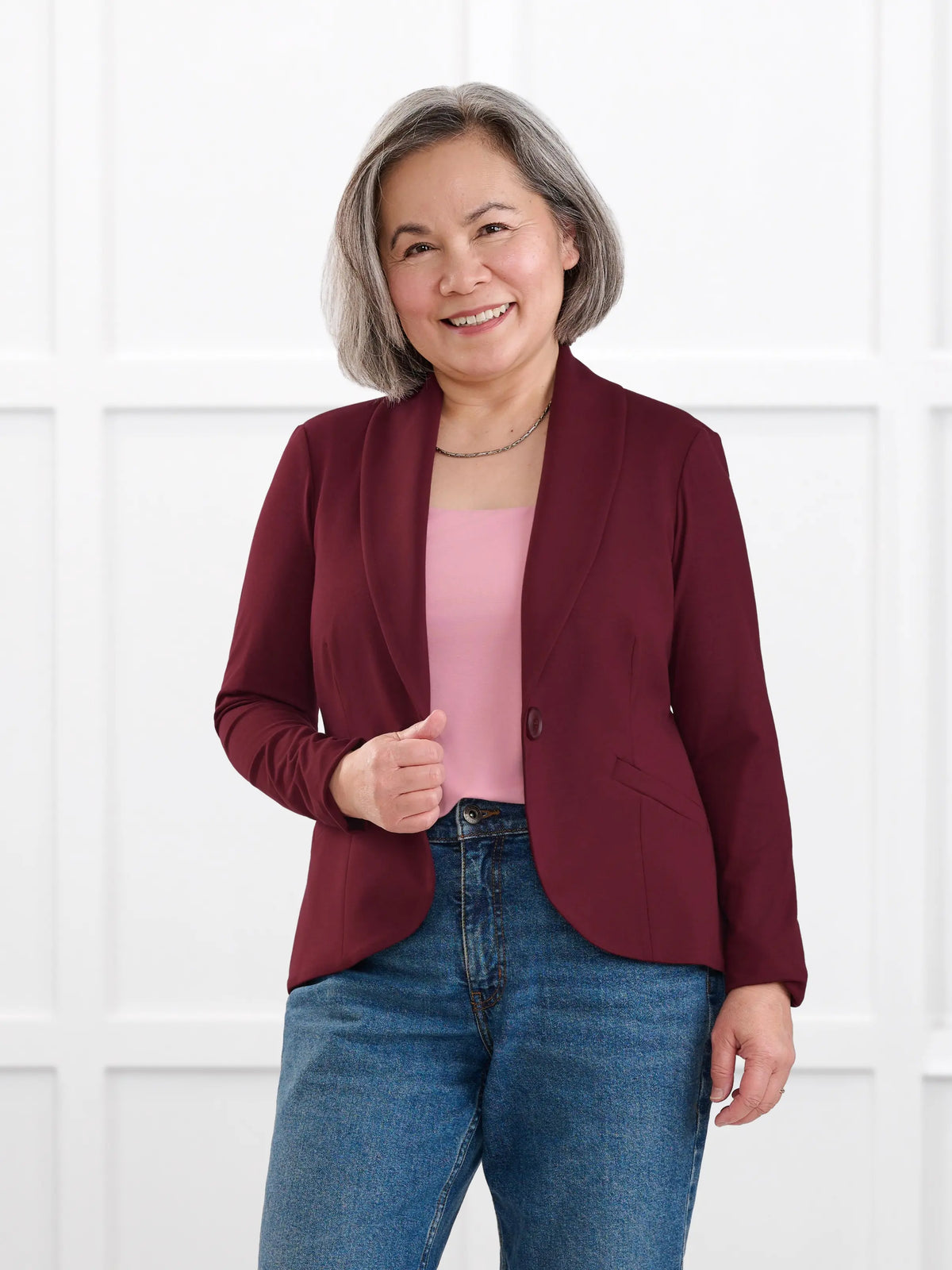 Emily soft stretchy blazer for women in Merlot on model Terry, size S Petite @Terry-S-petite 