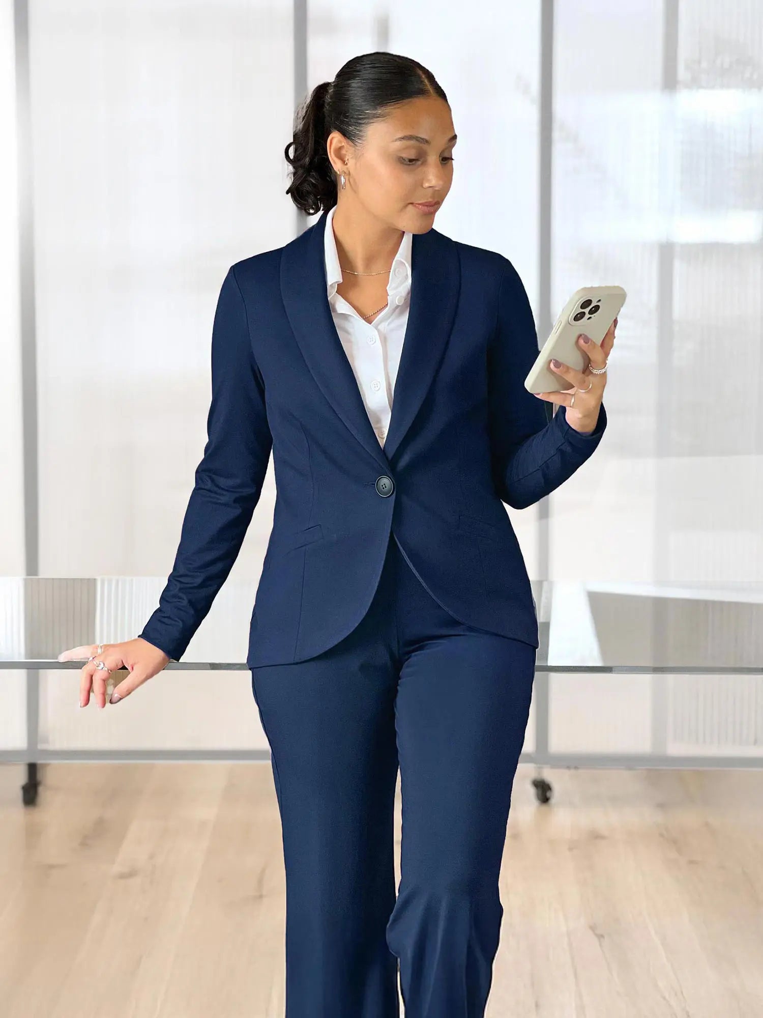 Emily soft blazer blazer for women in navy on model Meron, size XS regular @Meron-XS-regular 
