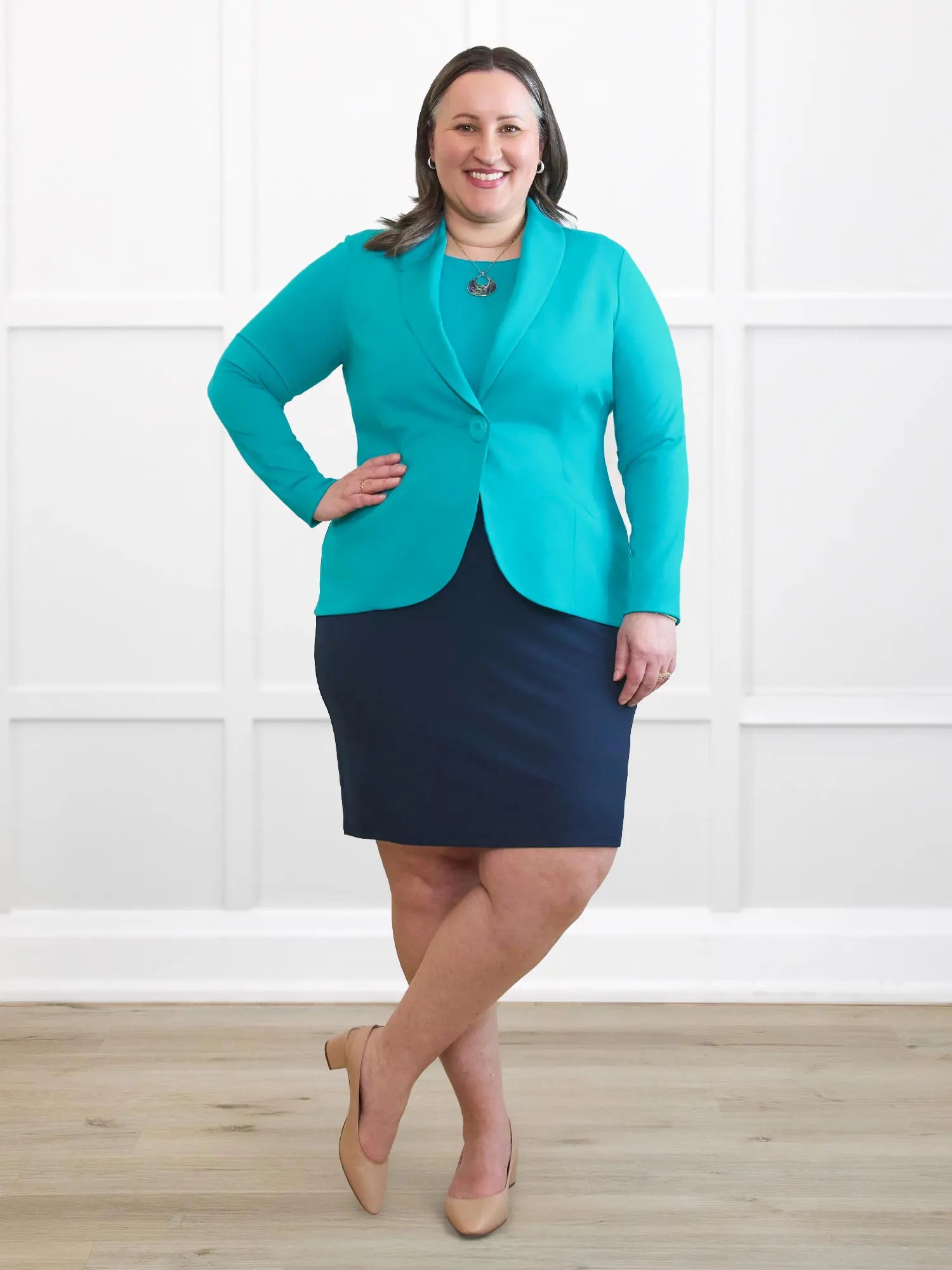 Emily soft stretchy blazer for women in Sea glass on model Cristina, size XXL @Cristina-XXL-regular 