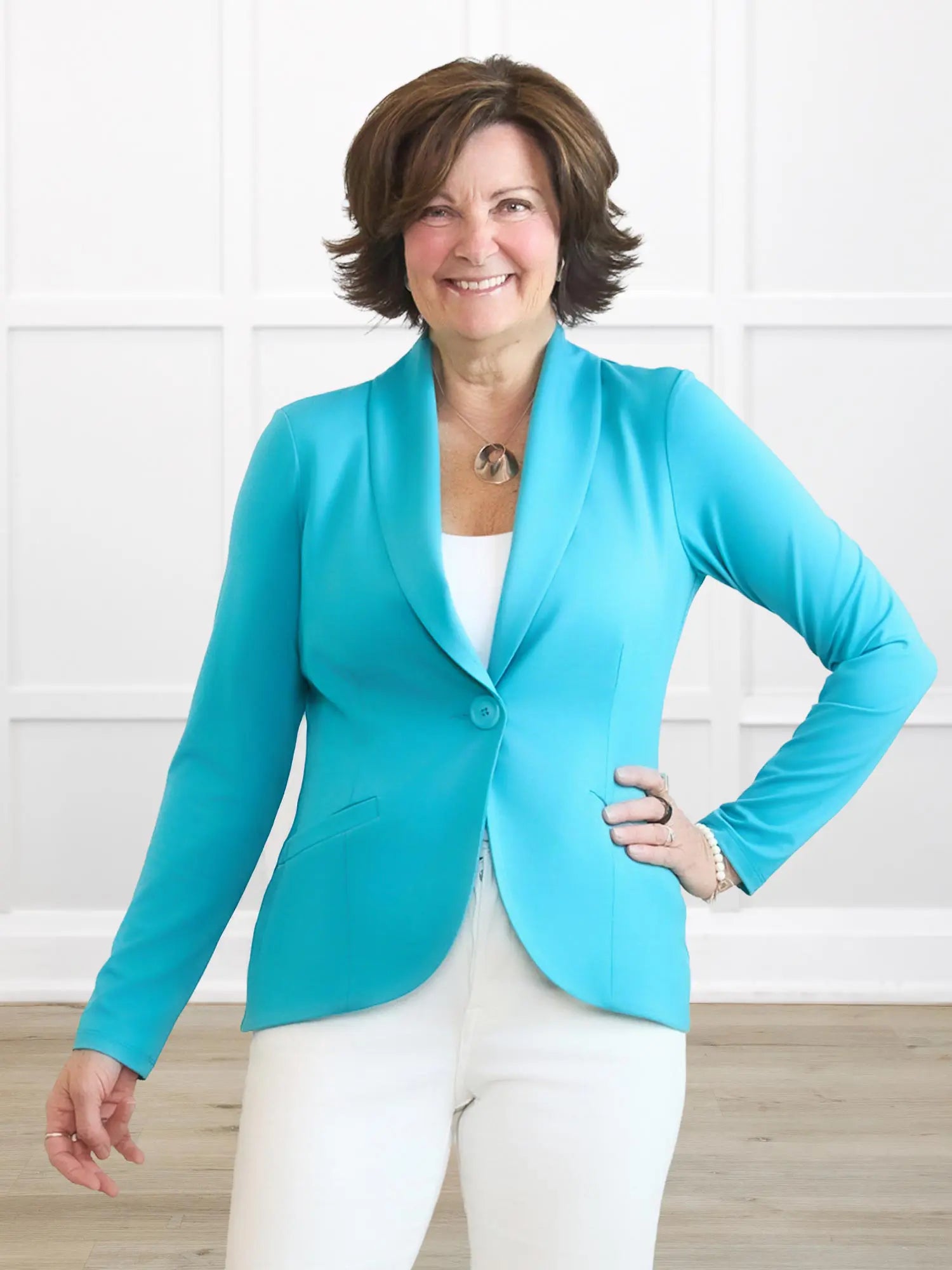 Emily soft stretchy blazer for women in Sea glass on model Donna, size S Regular @Donna-S-regular 