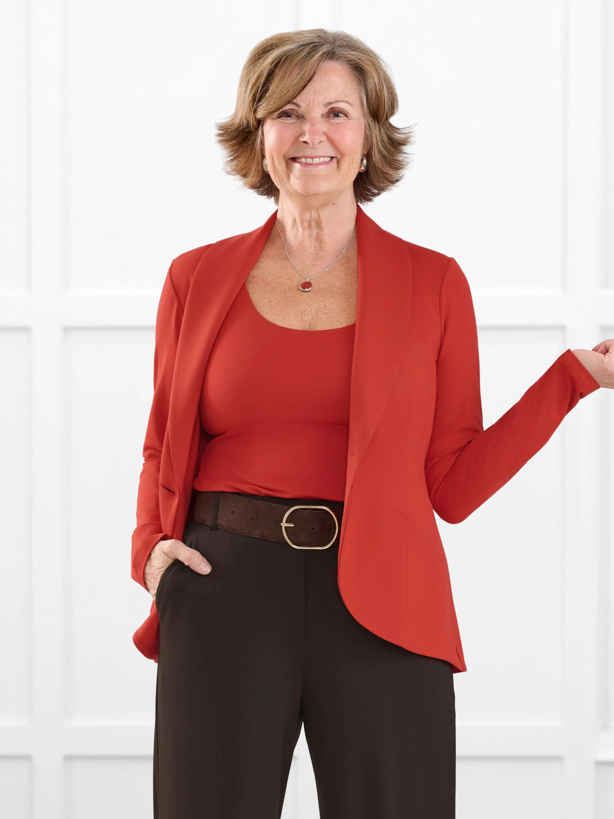 Emily soft stretchy blazer for women in Terracotta on model Donna, size S Regular @Donna-S-regular 