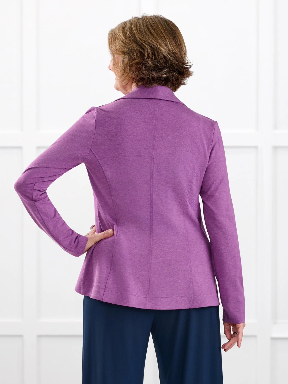 Emily soft stretchy blazer for women in Lupin melange on model Donna, size S Regular @Donna-S-regular 