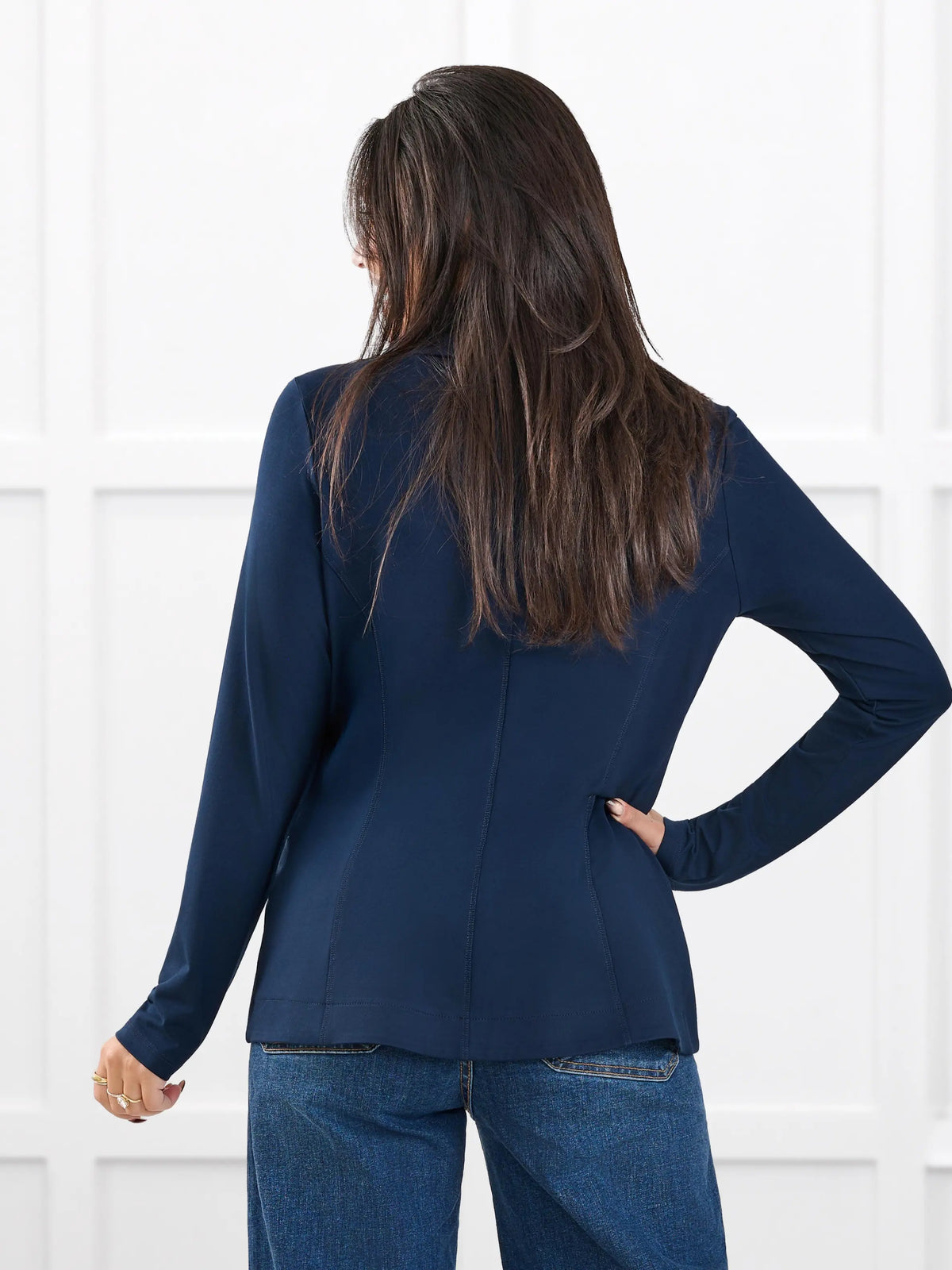 Emily soft stretchy blazer for women in Navy gold on model Meron, size XS Regular @Meron-XS-regular 