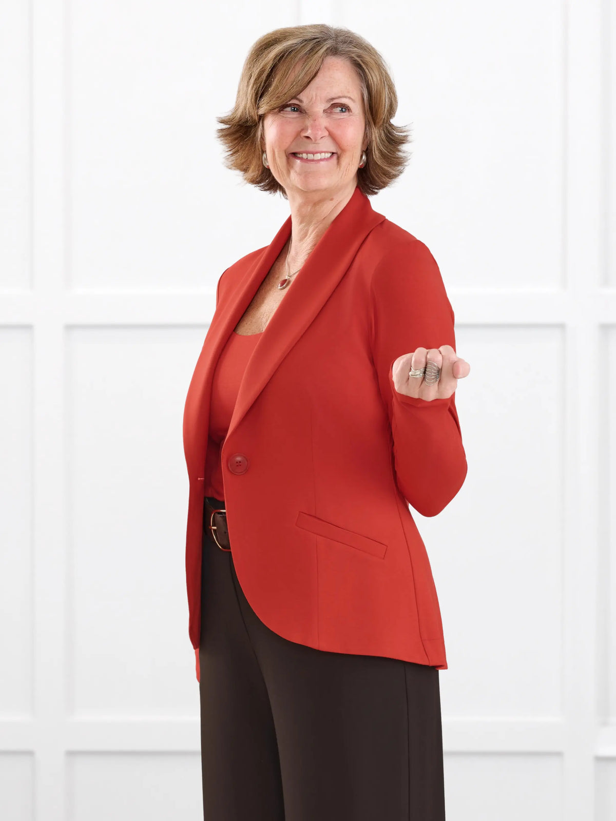 Emily soft stretchy blazer for women in Terracotta on model Donna, size S Regular @Donna-S-regular 