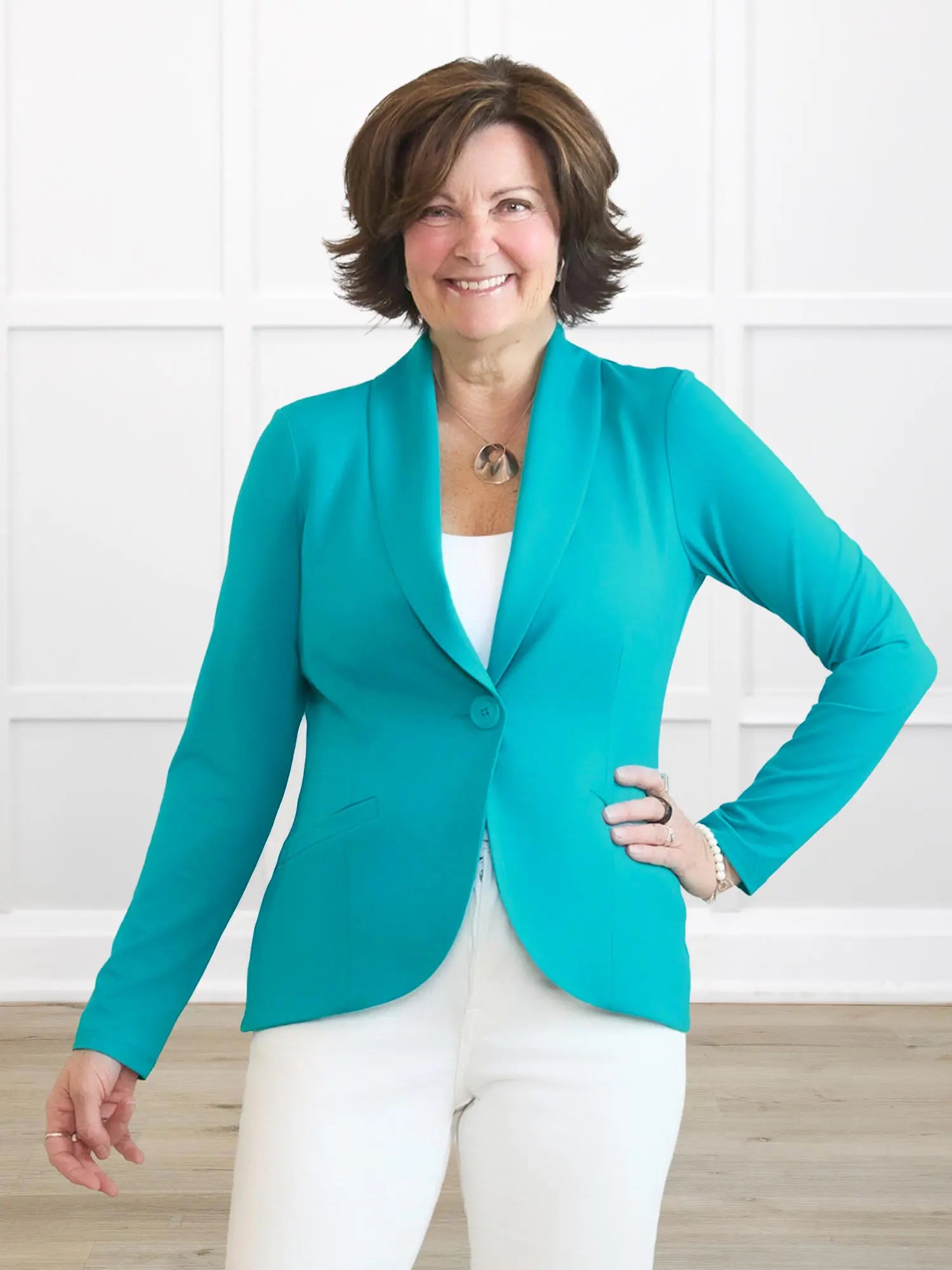 Emily soft stretchy blazer for women in Sea glass on model Donna, size S @Donna-S-regular 