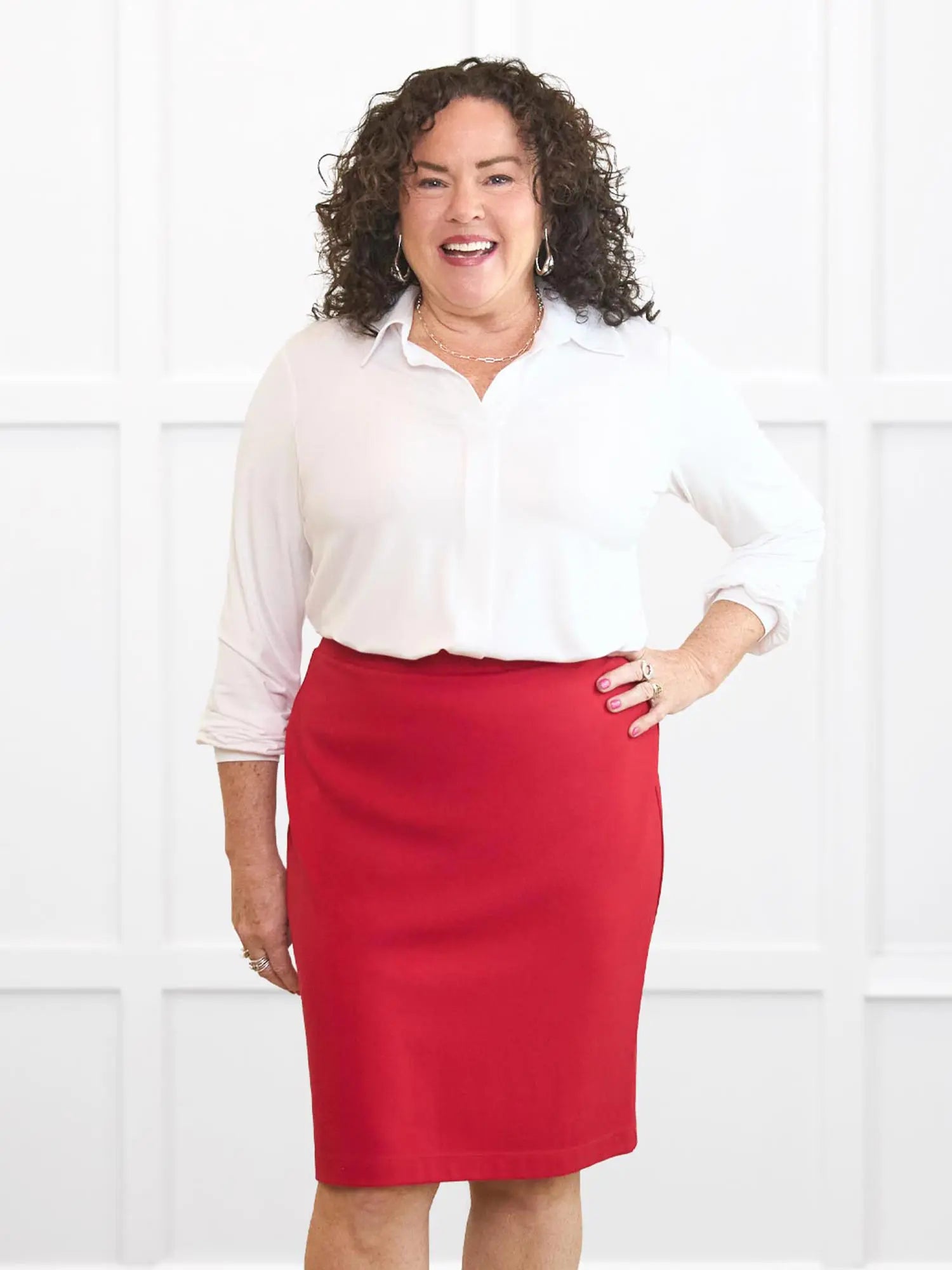 Enid pull on ponte pencil skirt for women in Chili on model Kerri, size M @Kerri-M 