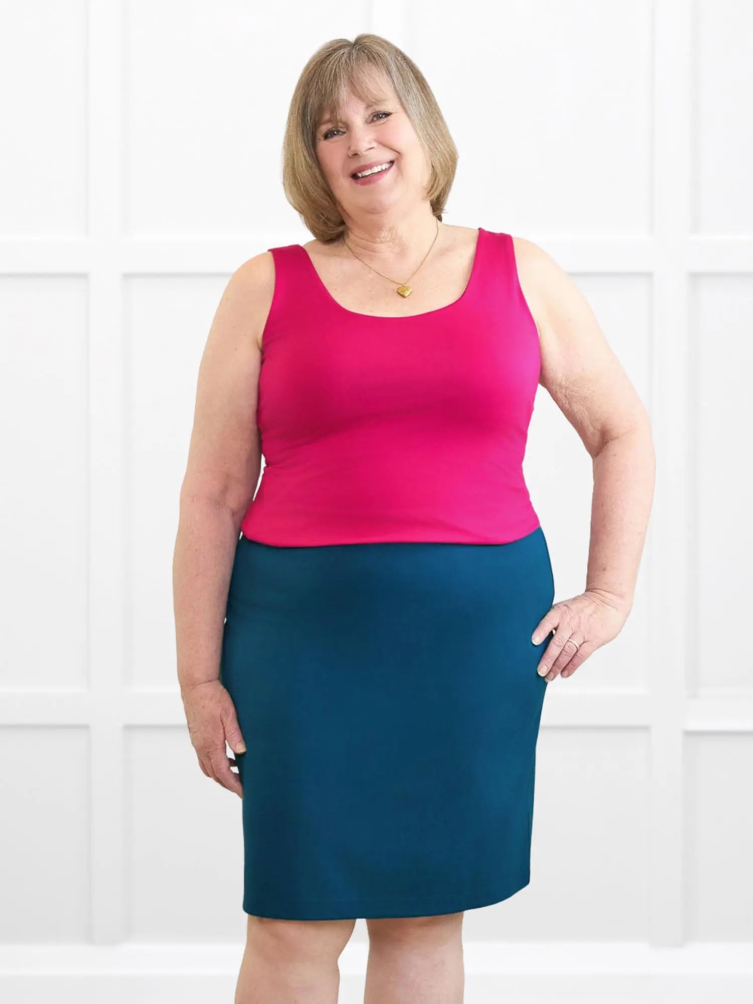 Enid pull on ponte pencil skirt for women in Moroccan blue on model Laurie, size XL @Laurie-XL 