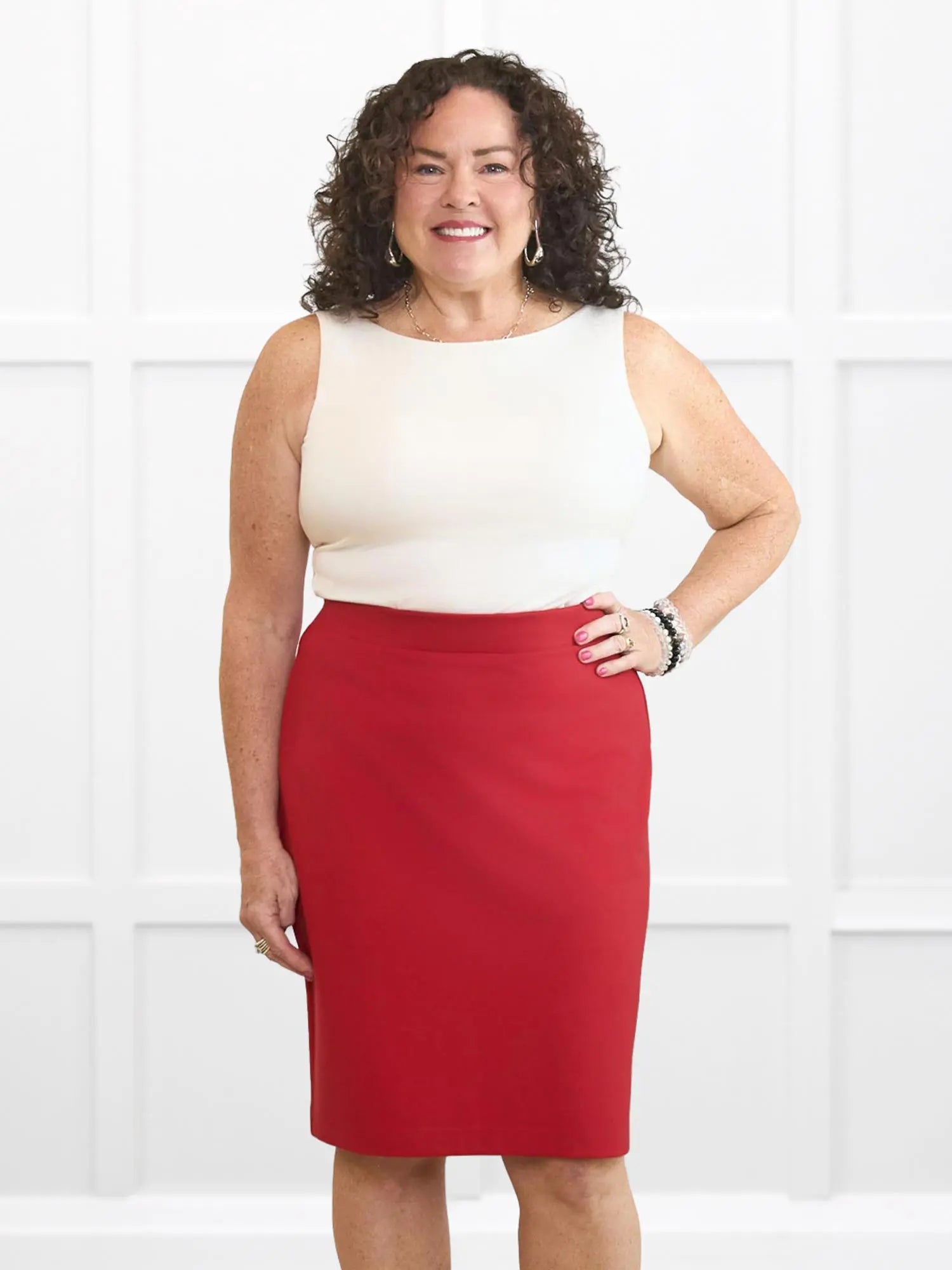 Enid pull on ponte pencil skirt for women in Chili on model Kerri, size M @Kerri-M 