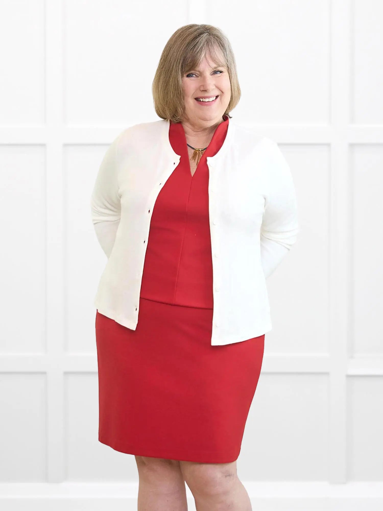 Enid pull on ponte pencil skirt for women in Chili on model Laurie, size XL @Laurie-XL 