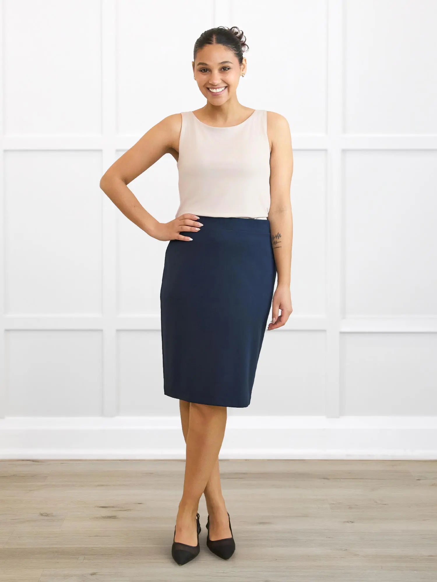 Enid pull on ponte pencil skirt for women in Navy on model Meron, size XS @Meron-XS 