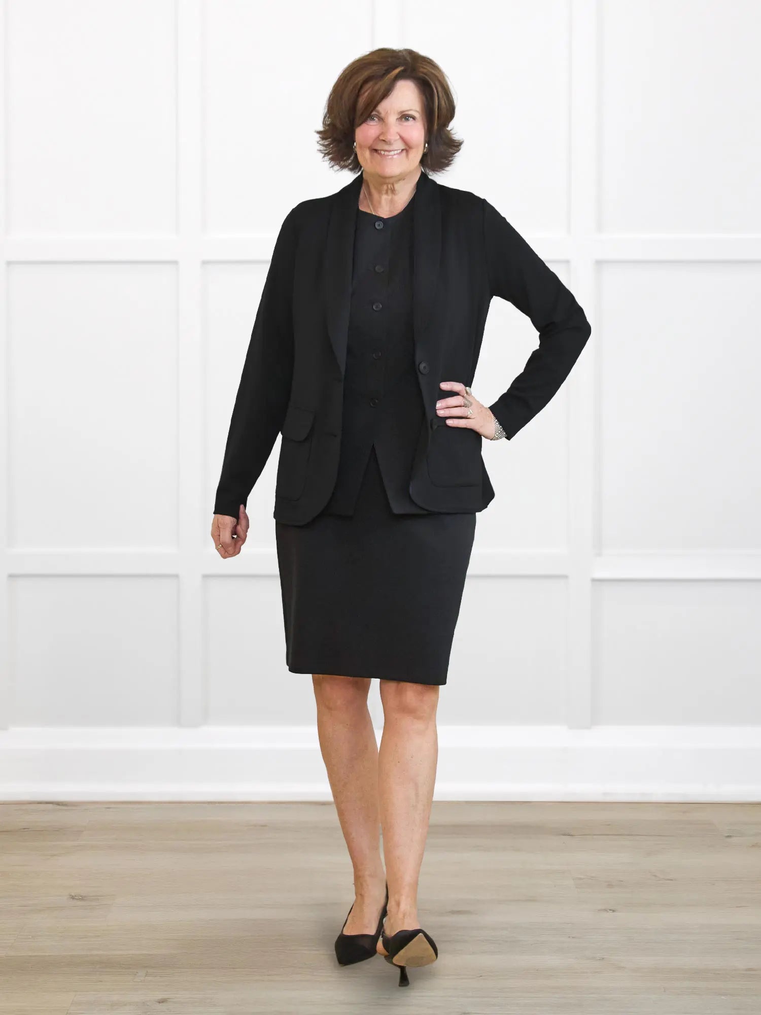 Enid pull on ponte pencil skirt for women in Black on model Donna, size S @Donna-S 