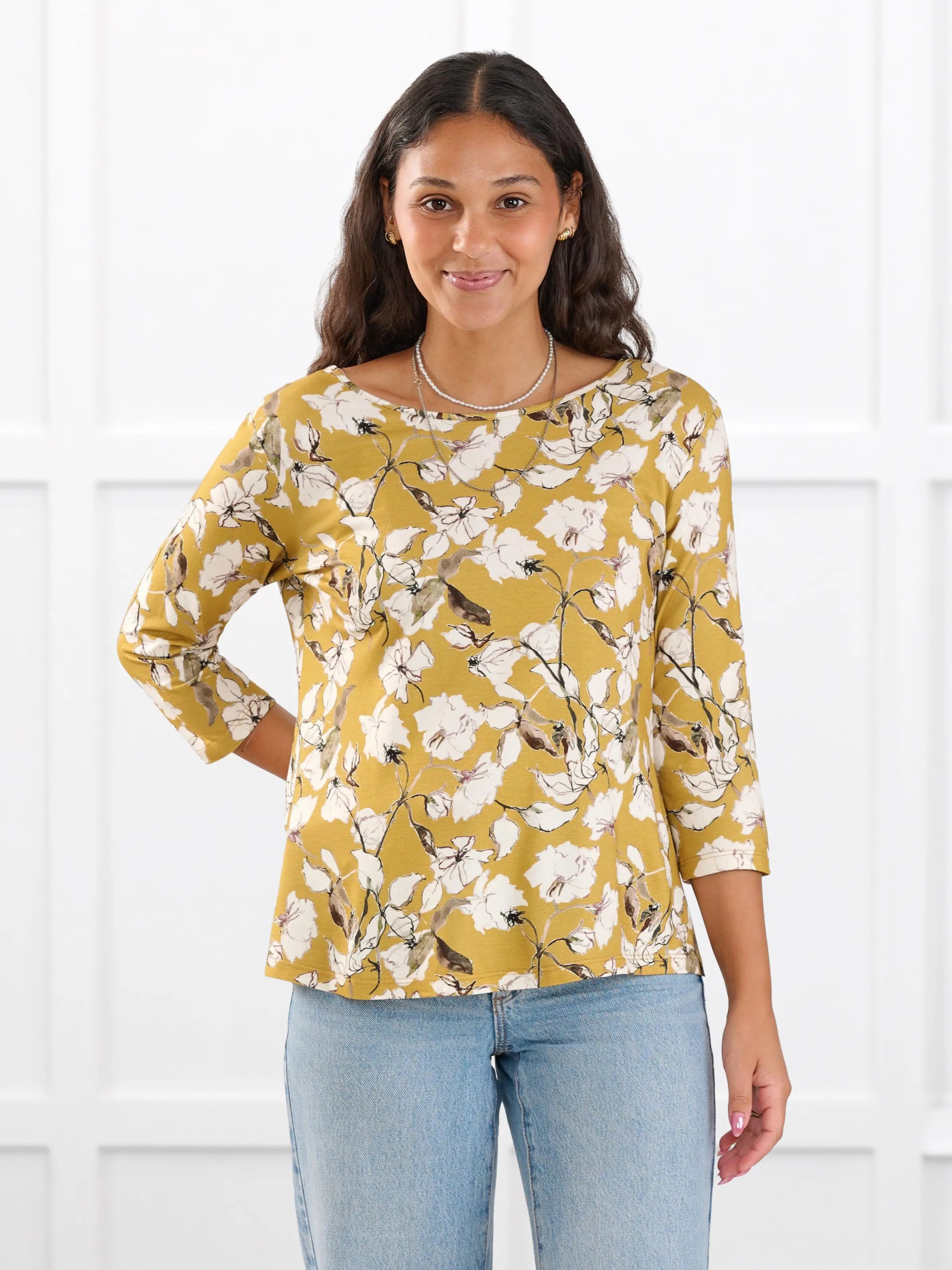 Fran reversible neckline sleeve top for women in Amber bloom on model Meron, size XS @Meron-XS 