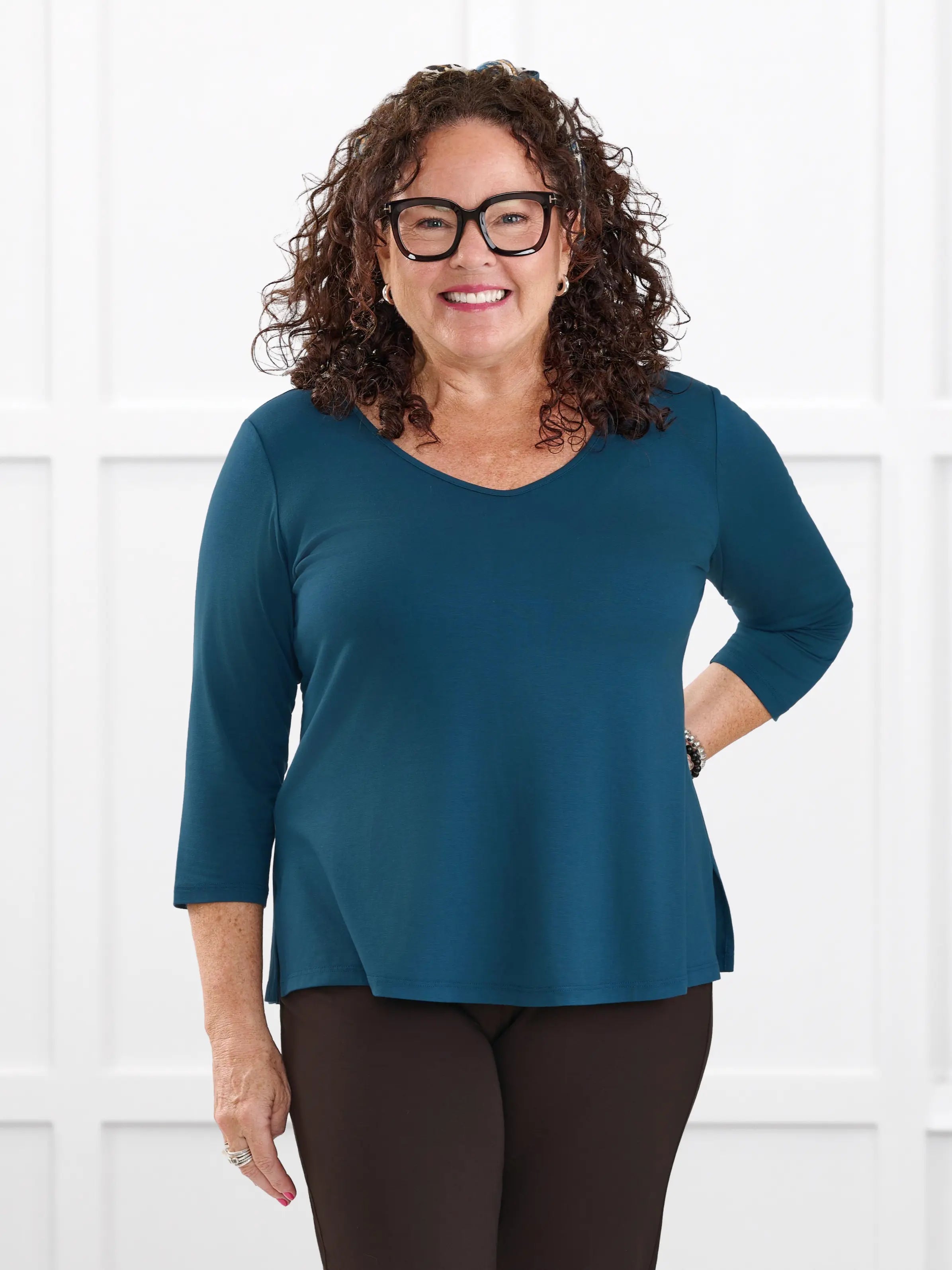 Fran reversible neckline sleeve top for women in Atlantic on model Kerri, size M @Kerri-M 