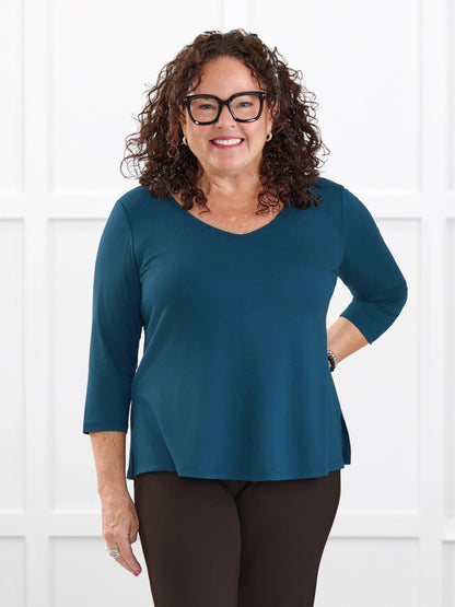 Fran reversible neckline sleeve top for women in Atlantic on model Kerri, size M @Kerri-M 