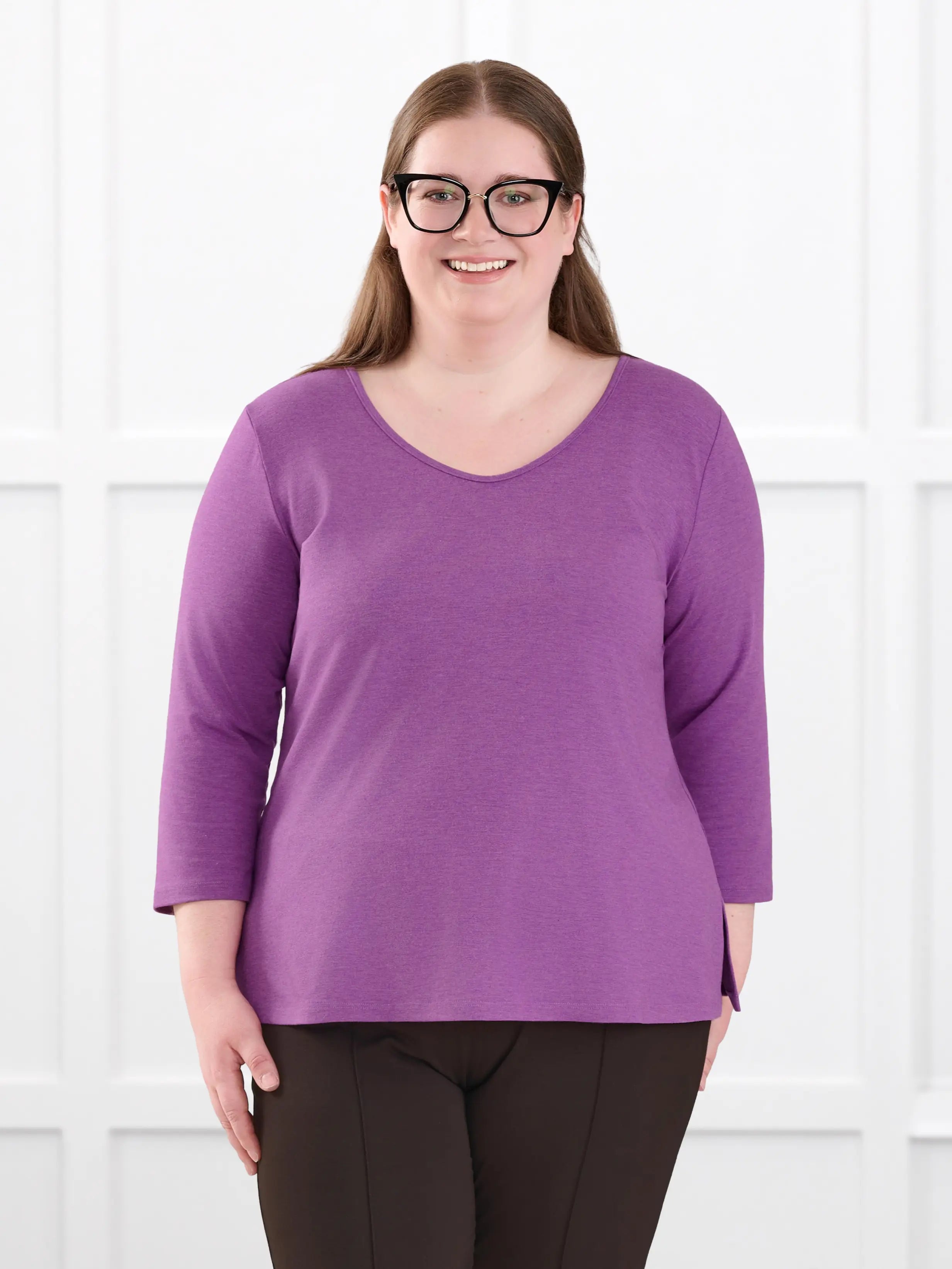 Fran reversible neckline sleeve top for women in Lupin melange on model Bri, size XL @Bri-XL 