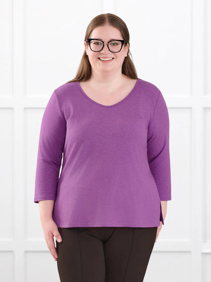 Fran reversible neckline sleeve top for women in Lupin melange on model Bri, size XL @Bri-XL 