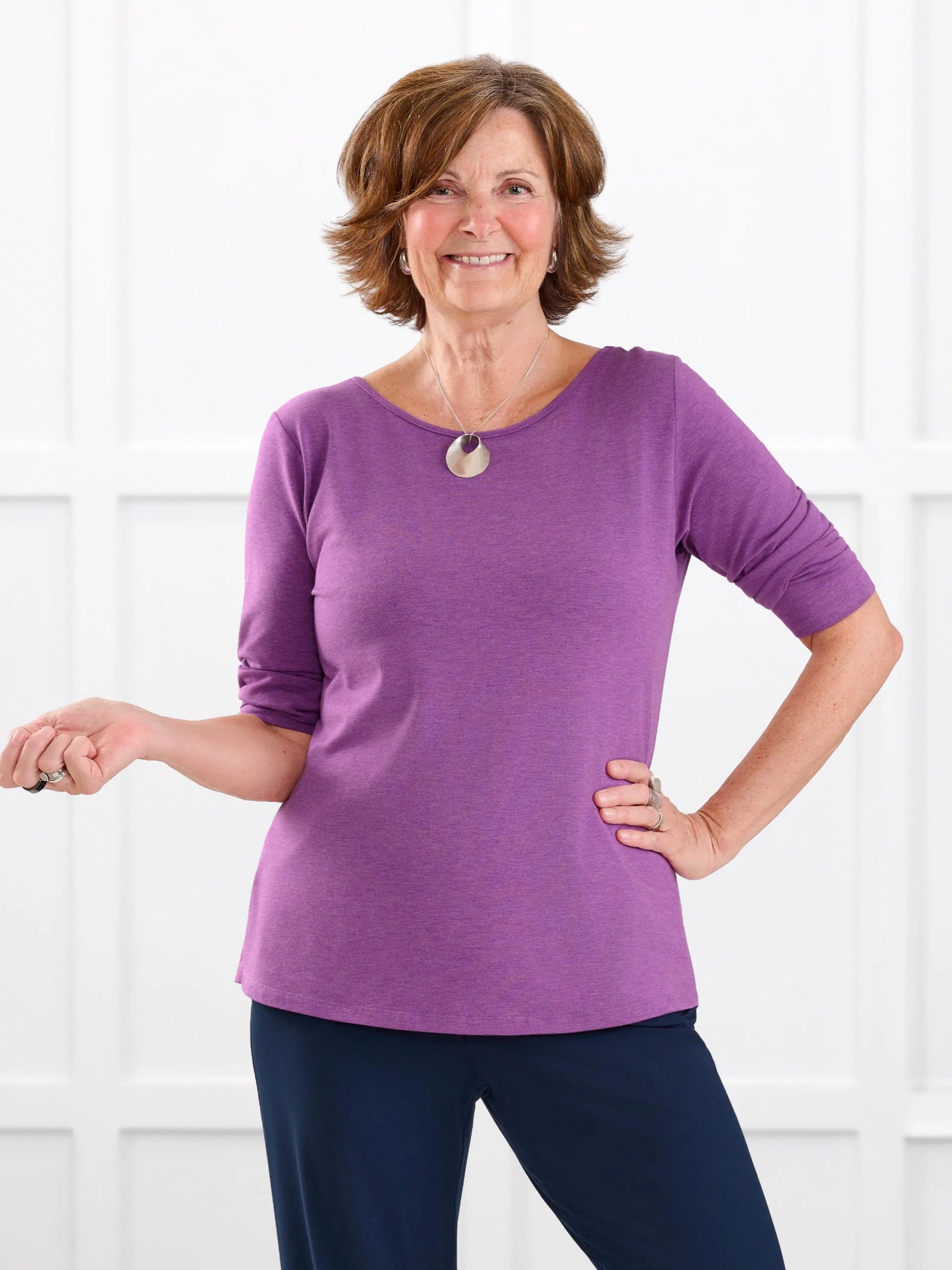 Fran reversible neckline sleeve top for women in Lupin melange on model Donna, size S @Donna-S 