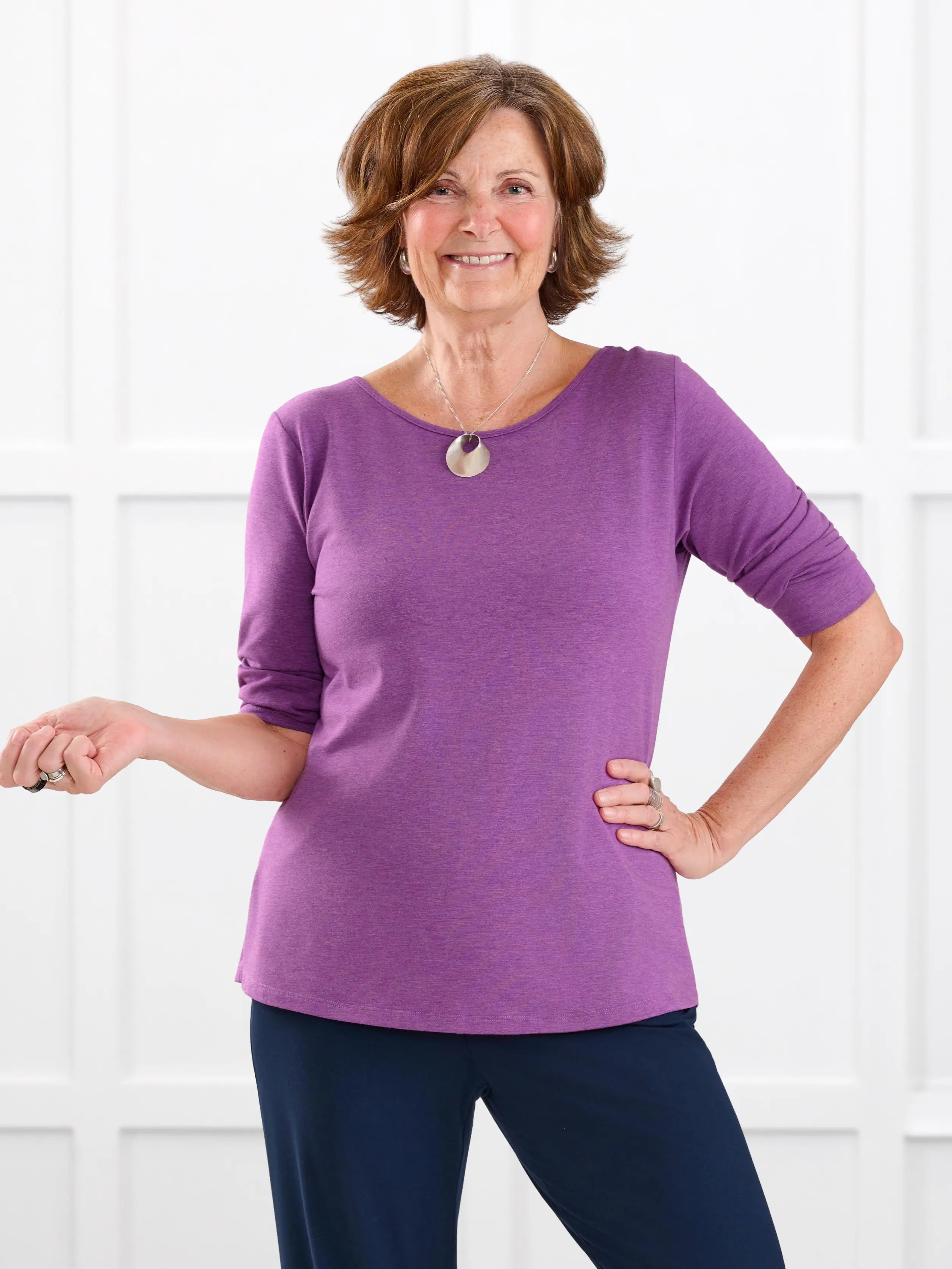Fran reversible neckline sleeve top for women in Lupin melange on model Donna, size S @Donna-S 