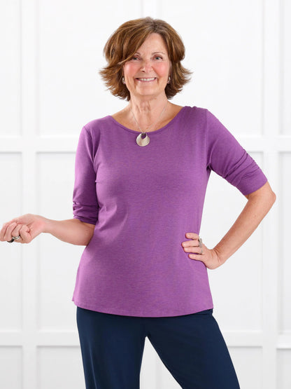 Fran reversible neckline sleeve top for women in Lupin melange on model Donna, size S @Donna-S 
