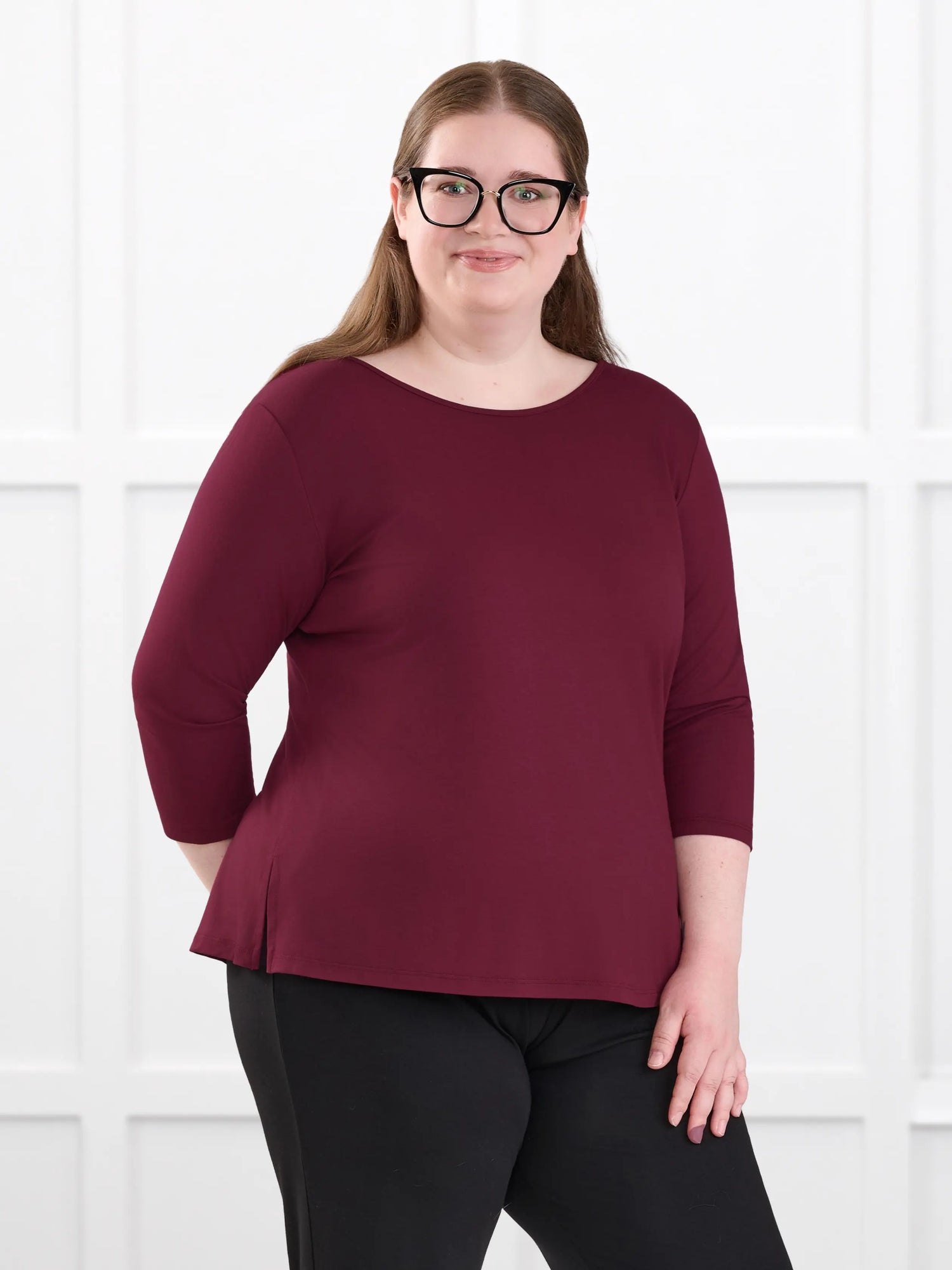 Fran reversible neckline sleeve top for women in Merlot on model Bri, size XL @Bri-XL 