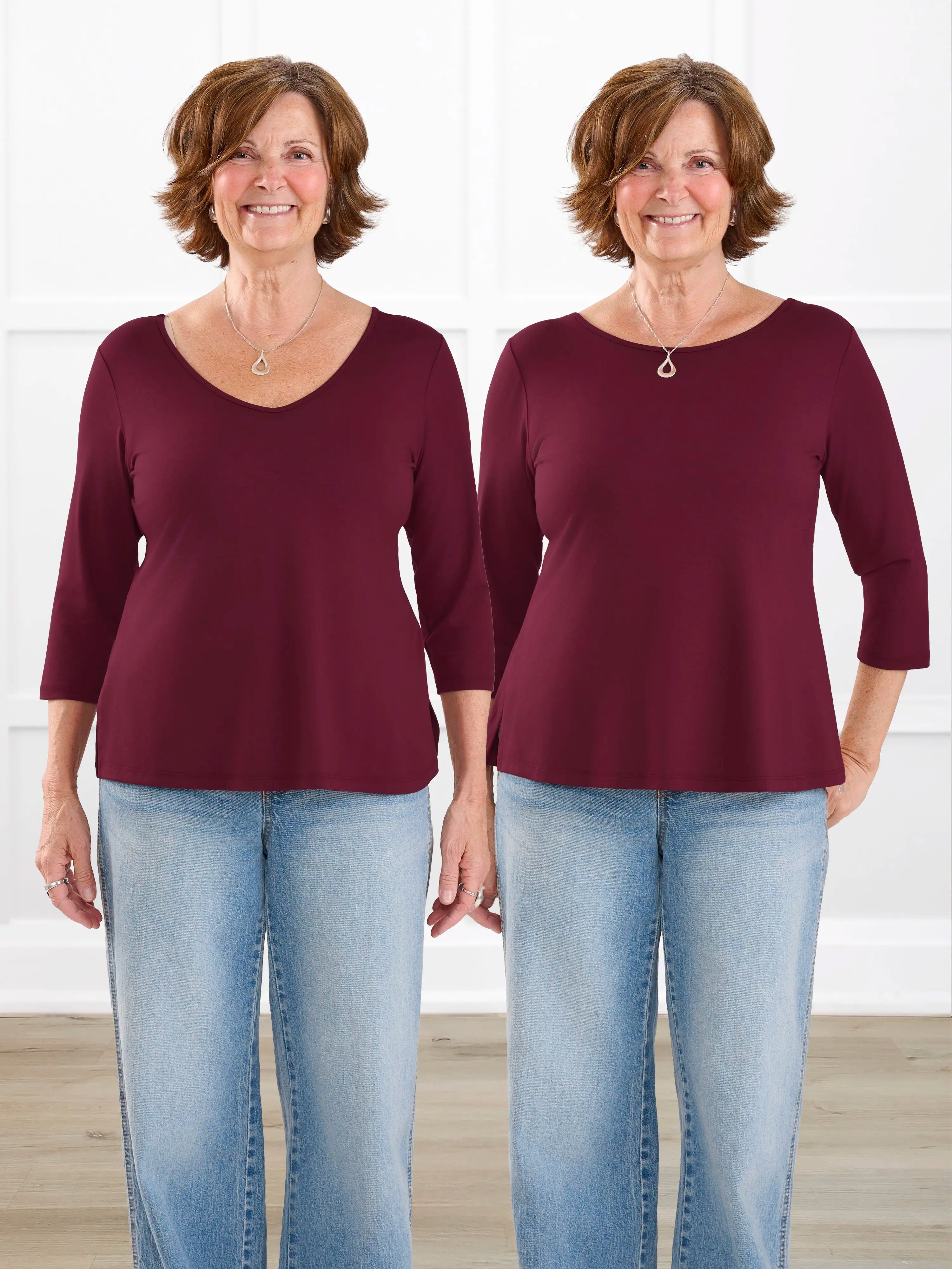 Fran reversible neckline sleeve top for women in Merlot on model Donna, size S @Donna-S 