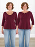 Fran reversible neckline sleeve top for women in Merlot on model Donna, size S @Donna-S 