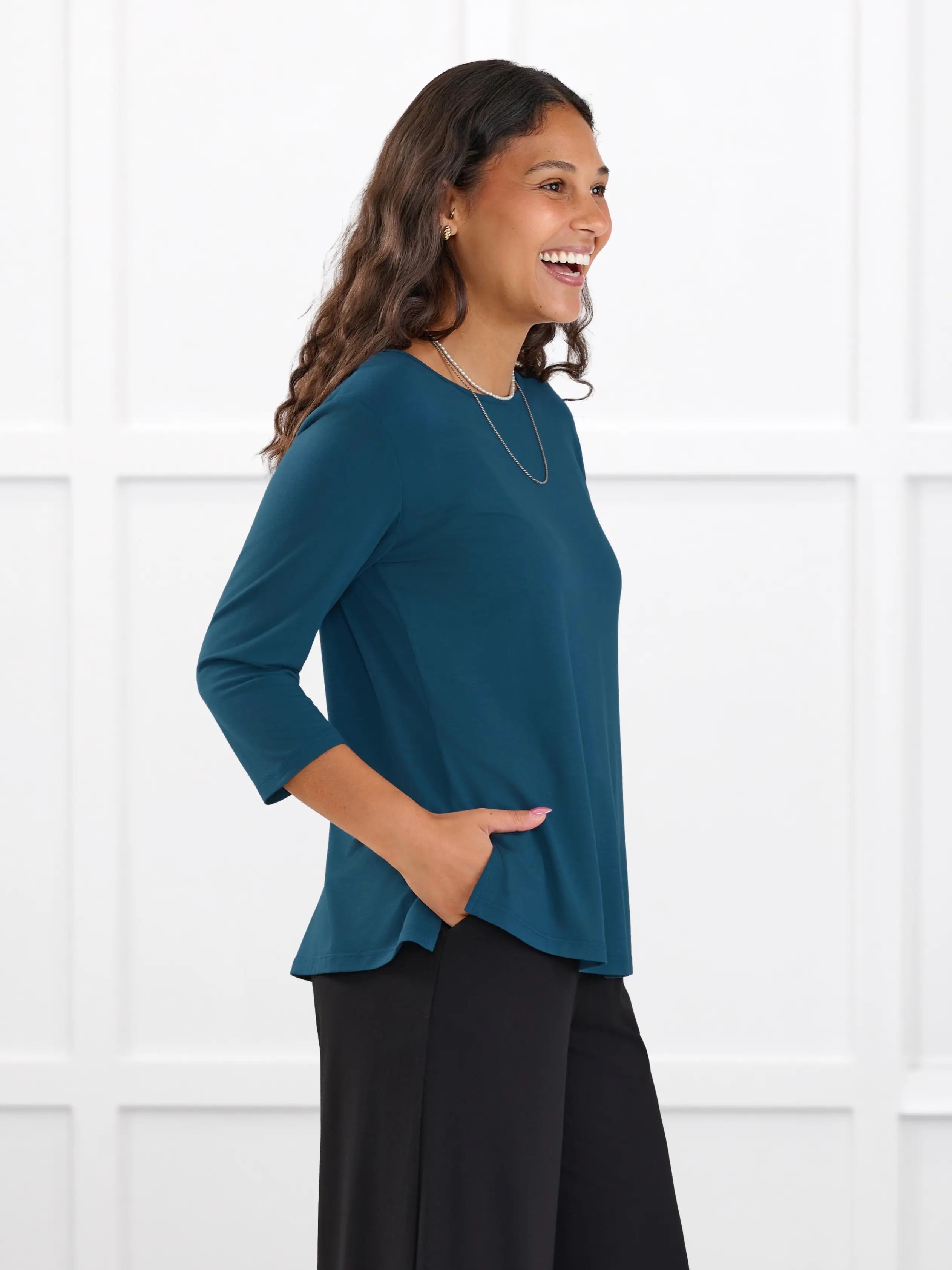 Fran reversible neckline sleeve top for women in Atlantic on model Meron, size XS @Meron-XS 