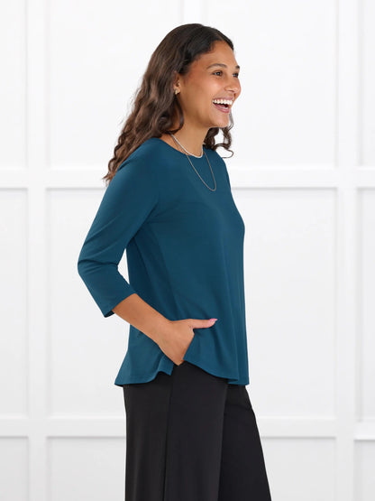 Fran reversible neckline sleeve top for women in Atlantic on model Meron, size XS @Meron-XS 