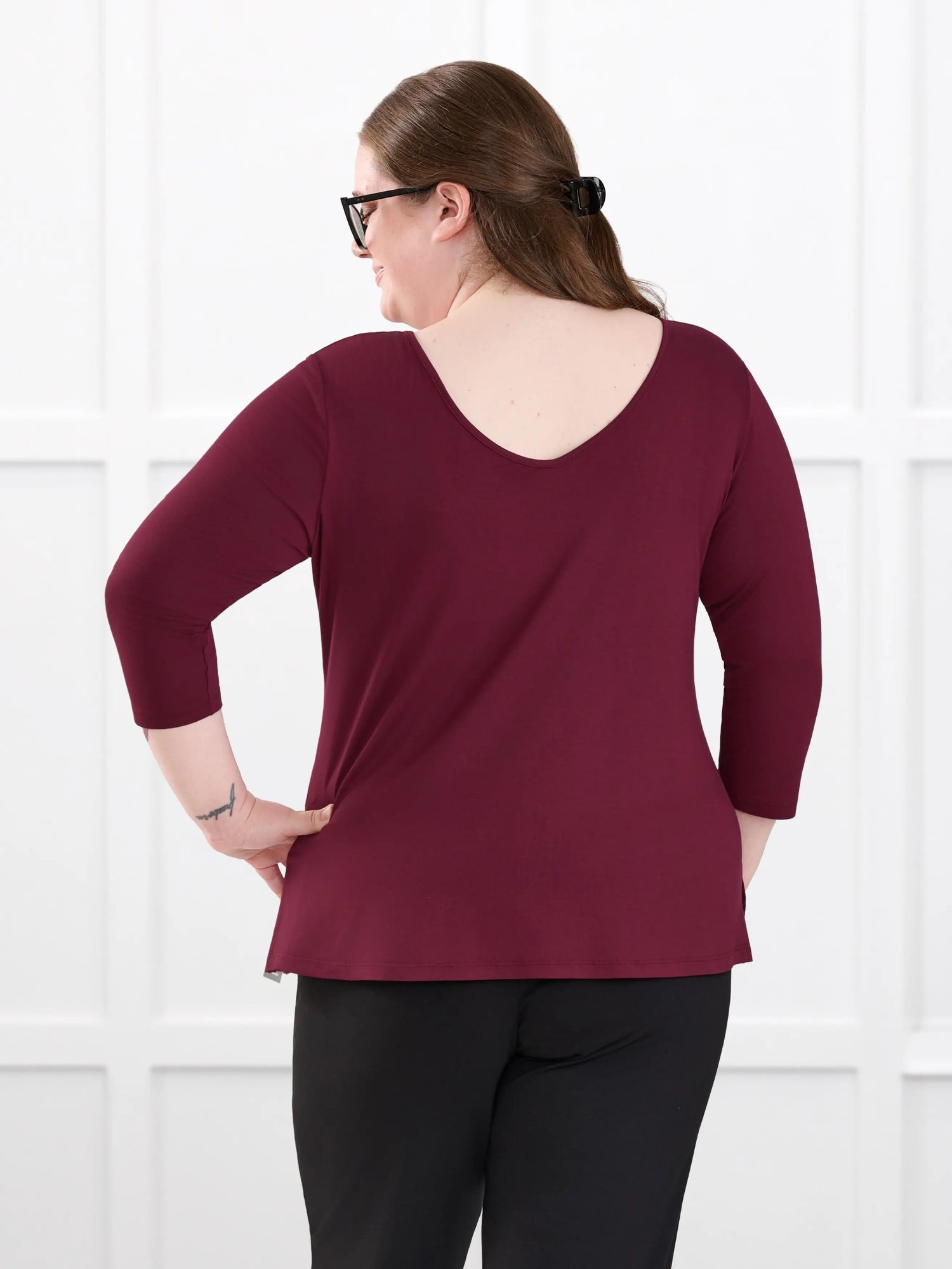 Fran reversible neckline sleeve top for women in Merlot on model Bri, size XL @Bri-XL 