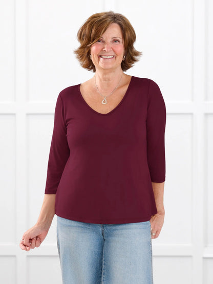 Fran reversible neckline sleeve top for women in Merlot on model Donna, size S @Donna-S 