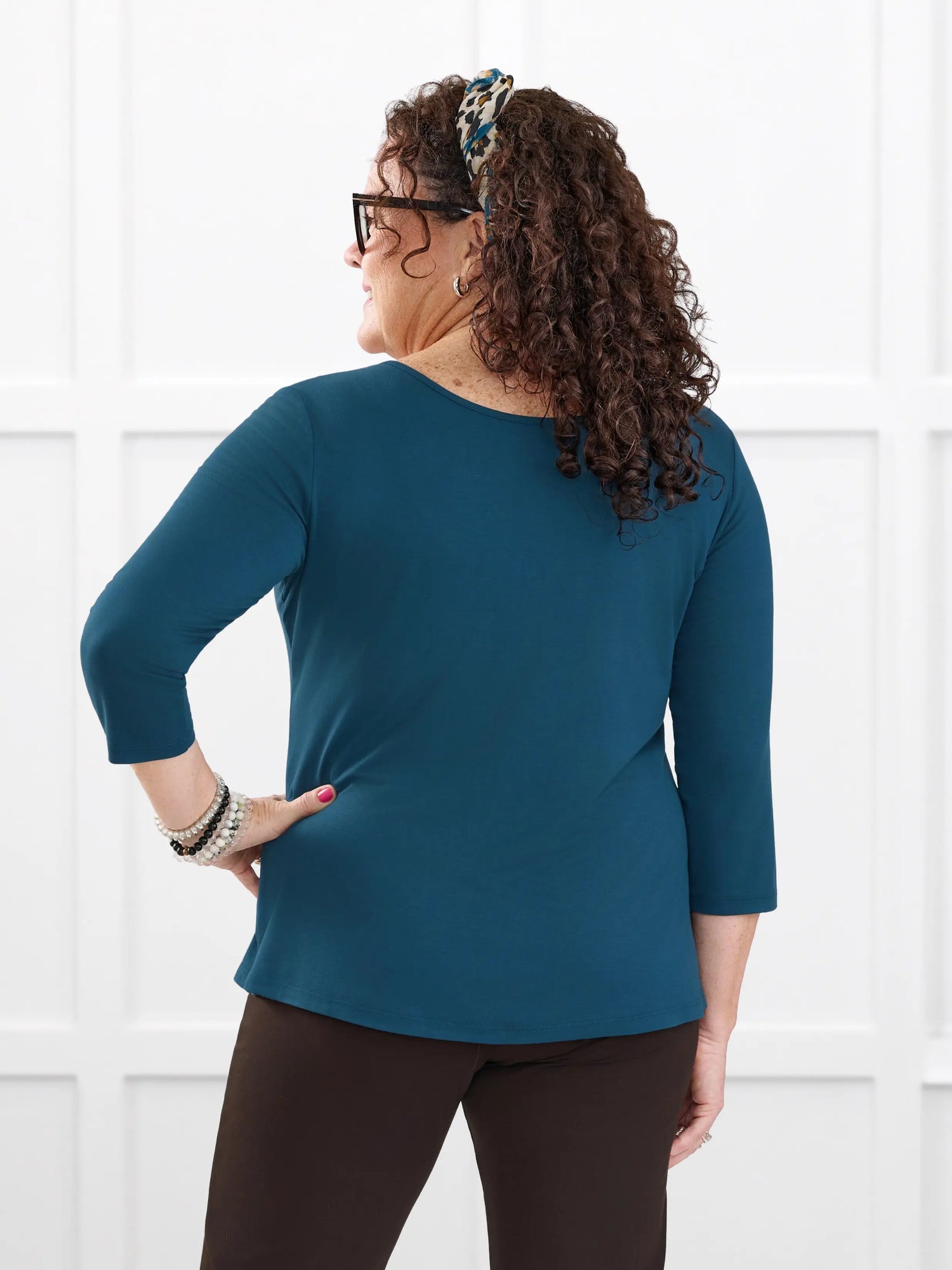 Fran reversible neckline sleeve top for women in Atlantic on model Kerri, size M @Kerri-M 