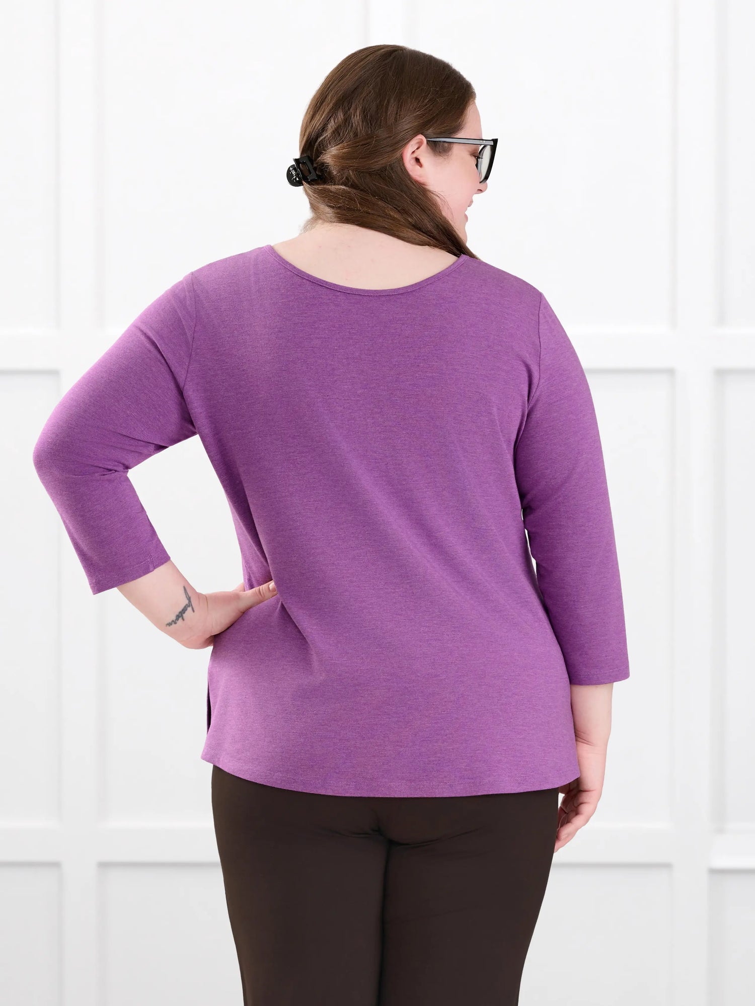 Fran reversible neckline sleeve top for women in Lupin melange on model Bri, size XL @Bri-XL 