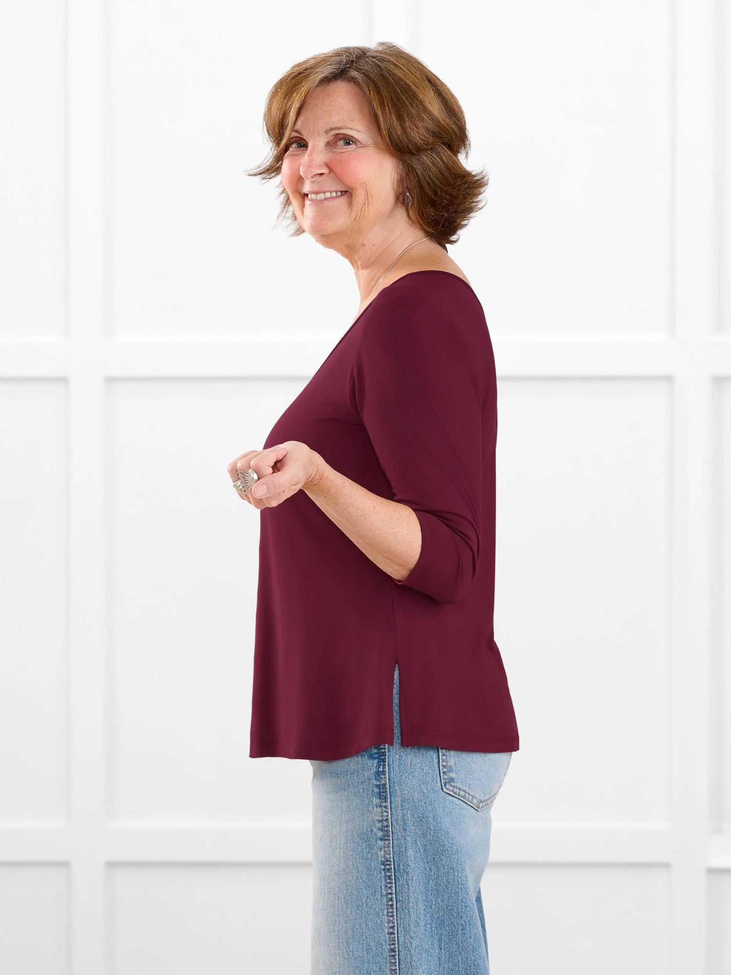 Fran reversible neckline sleeve top for women in Merlot on model Donna, size S @Donna-S 