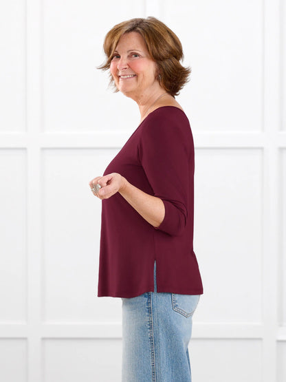 Fran reversible neckline sleeve top for women in Merlot on model Donna, size S @Donna-S 