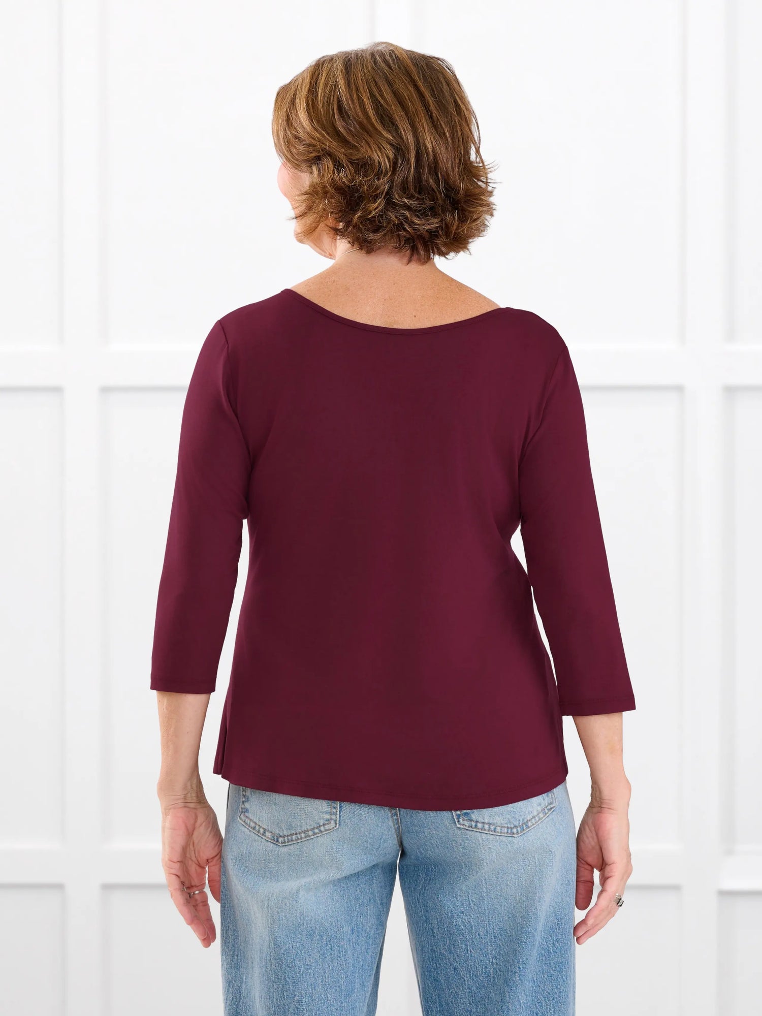 Fran reversible neckline sleeve top for women in Merlot on model Donna, size S @Donna-S 