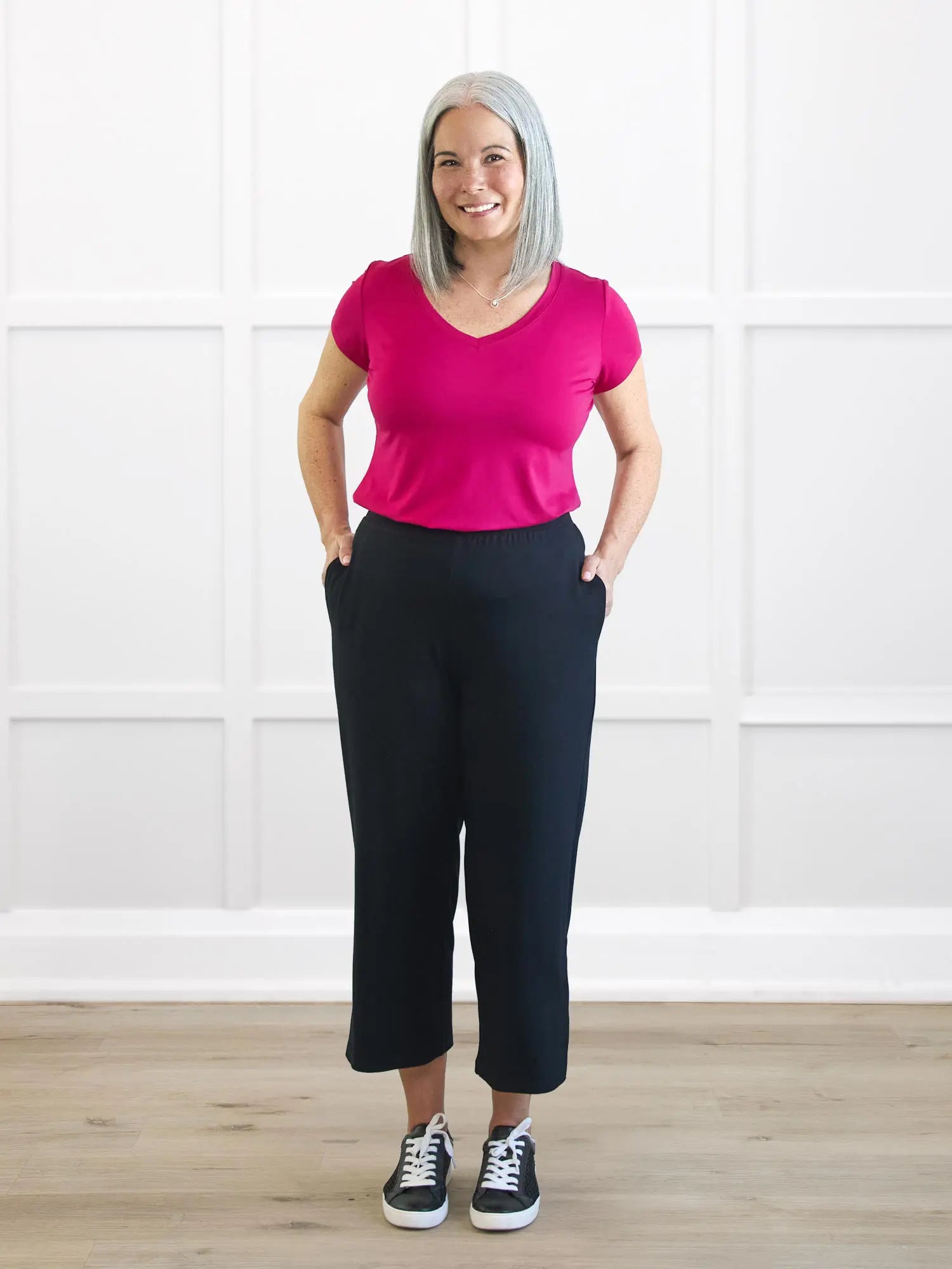 Gabby straight leg pocket capri pant in Black on model Kerri, size S Regular @Kerri-S-regular 