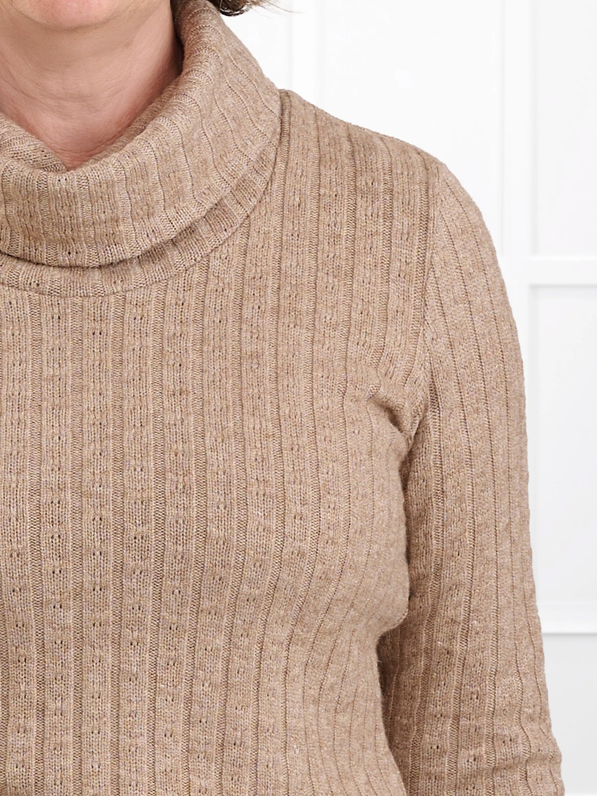 Gail cowl neck ribbed pointelle sweater for women in Brown sugar 