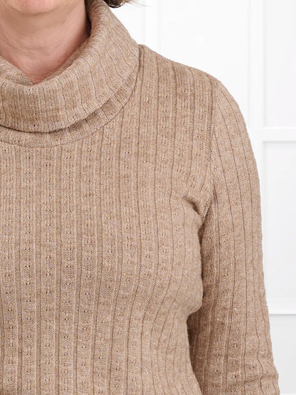 Gail cowl neck ribbed pointelle sweater for women in Brown sugar 