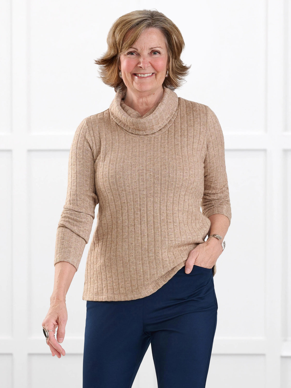 Gail cowl neck ribbed pointelle sweater for women in Brown sugar on model Donna, size S @Donna-S 