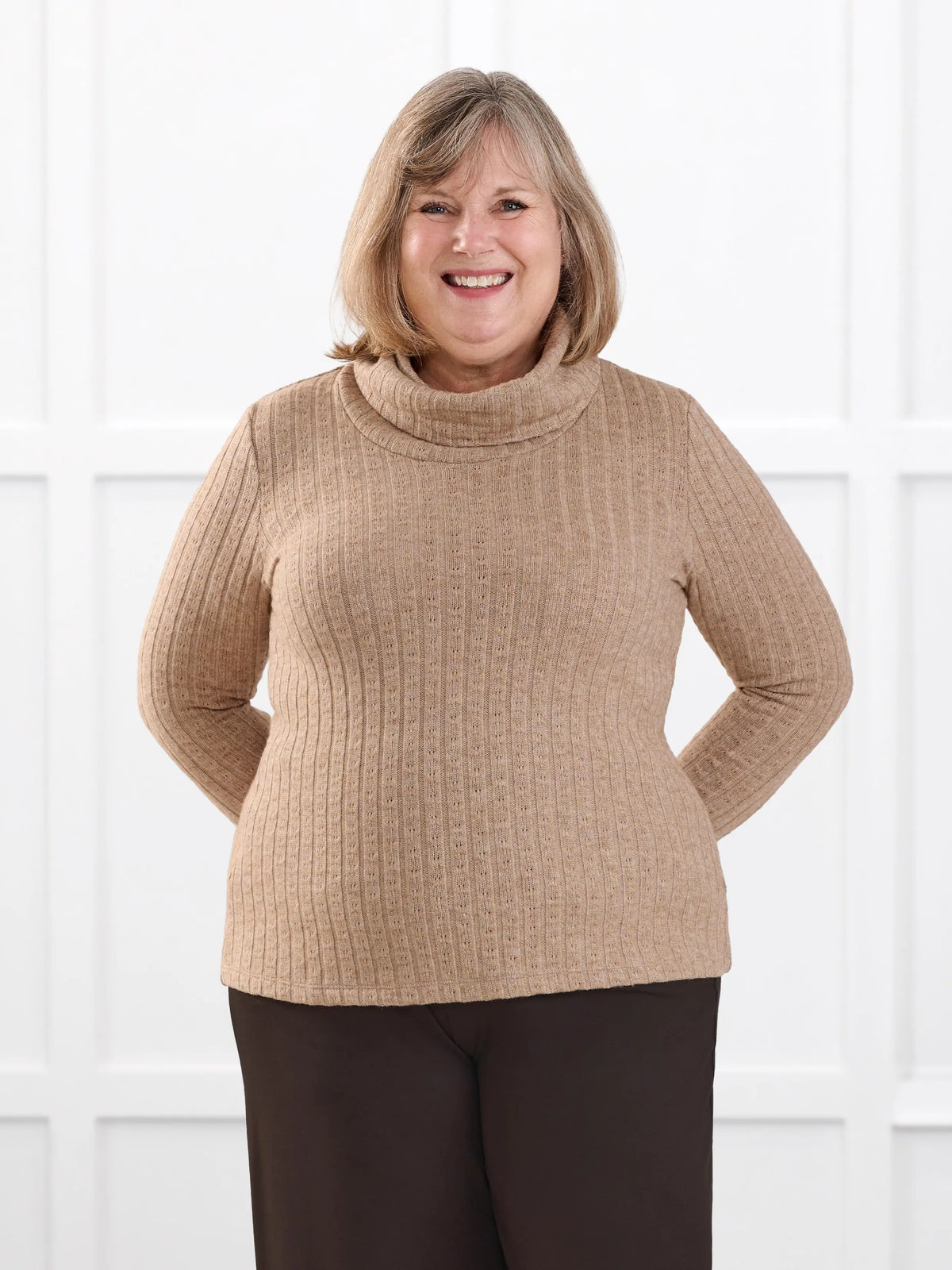 Gail cowl neck ribbed pointelle sweater for women in Brown sugar on model Laurie, size XXL @Laurie-XXL 