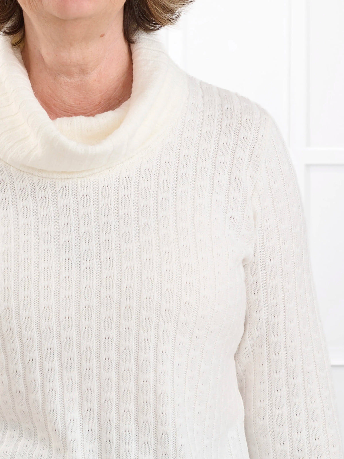 Gail cowl neck ribbed pointelle sweater for women in Ivory 