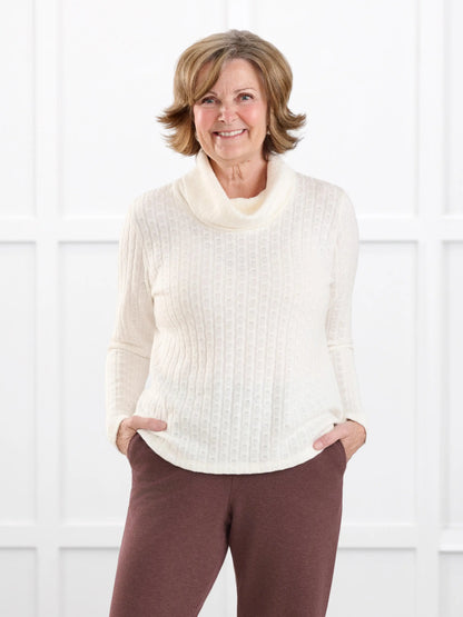 Gail cowl neck ribbed pointelle sweater for women in Ivory on model Donna, size S @Donna-S 