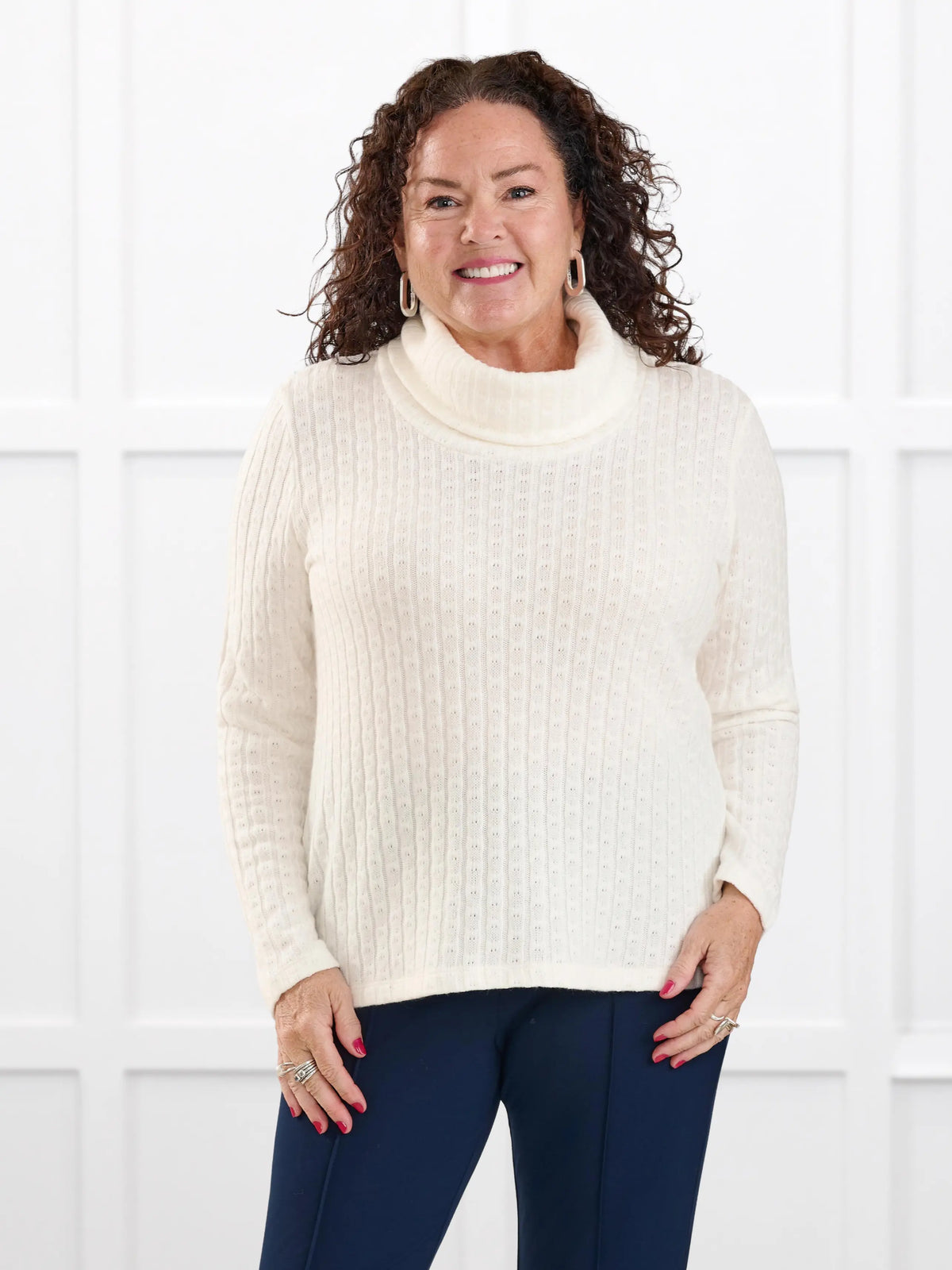 Gail cowl neck ribbed pointelle sweater for women in Ivory on model Kerri, size M @Kerri-M 