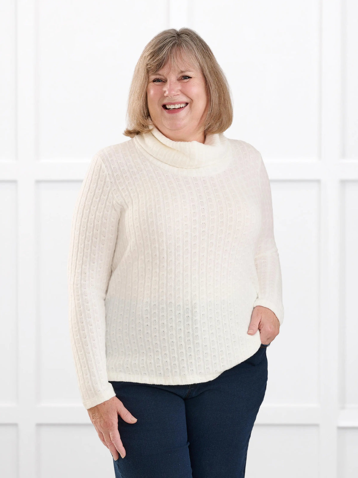 Gail cowl neck ribbed pointelle sweater for women in Ivory on model Laurie, size XXL @Laurie-XXL 