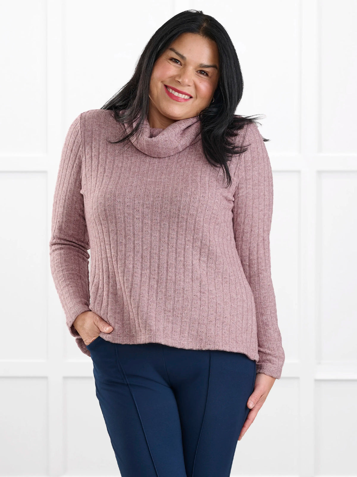 Gail cowl neck ribbed pointelle sweater for women in Rose pink on model Jenn, size M @Jenn-M 