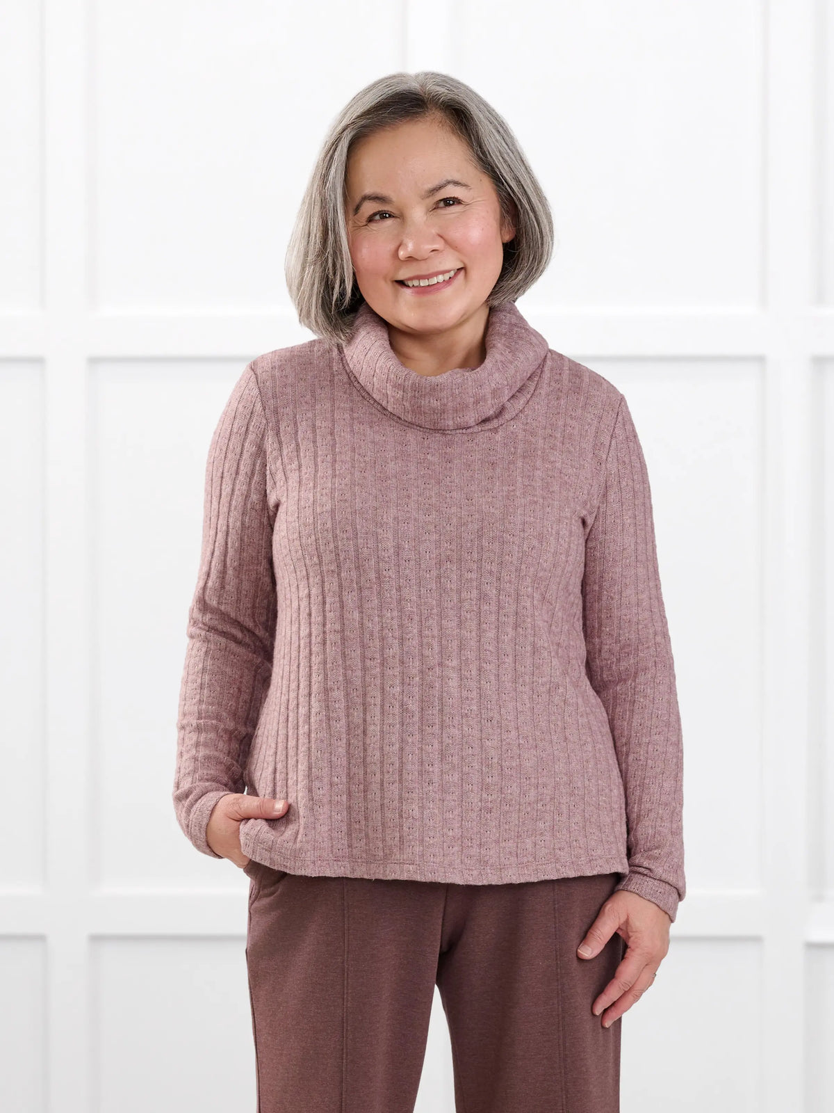 Gail cowl neck ribbed pointelle sweater for women in Rose pink on model Terry, size S @Terry-S 