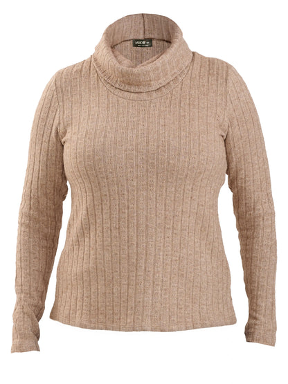 Gail cowl neck ribbed pointelle sweater for women in Brown sugar 