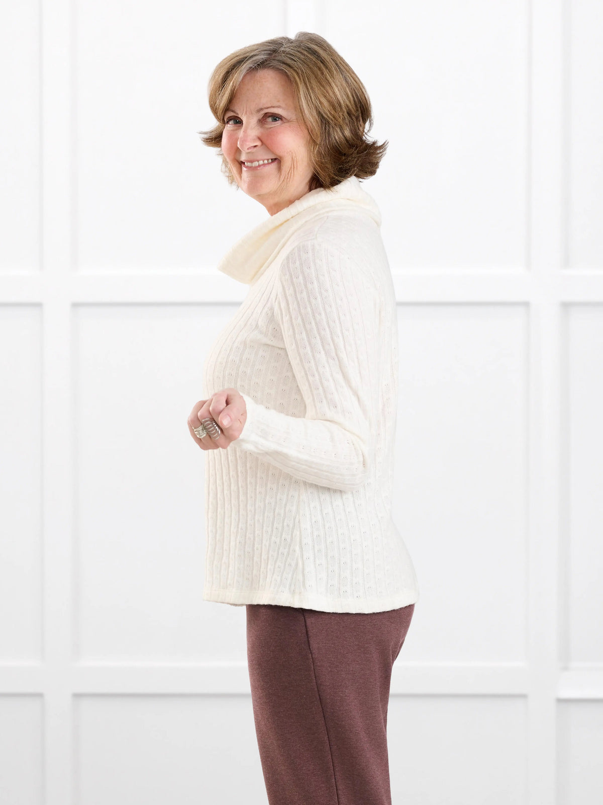 Gail cowl neck ribbed pointelle sweater for women in Ivory on model Donna, size S @Donna-S 